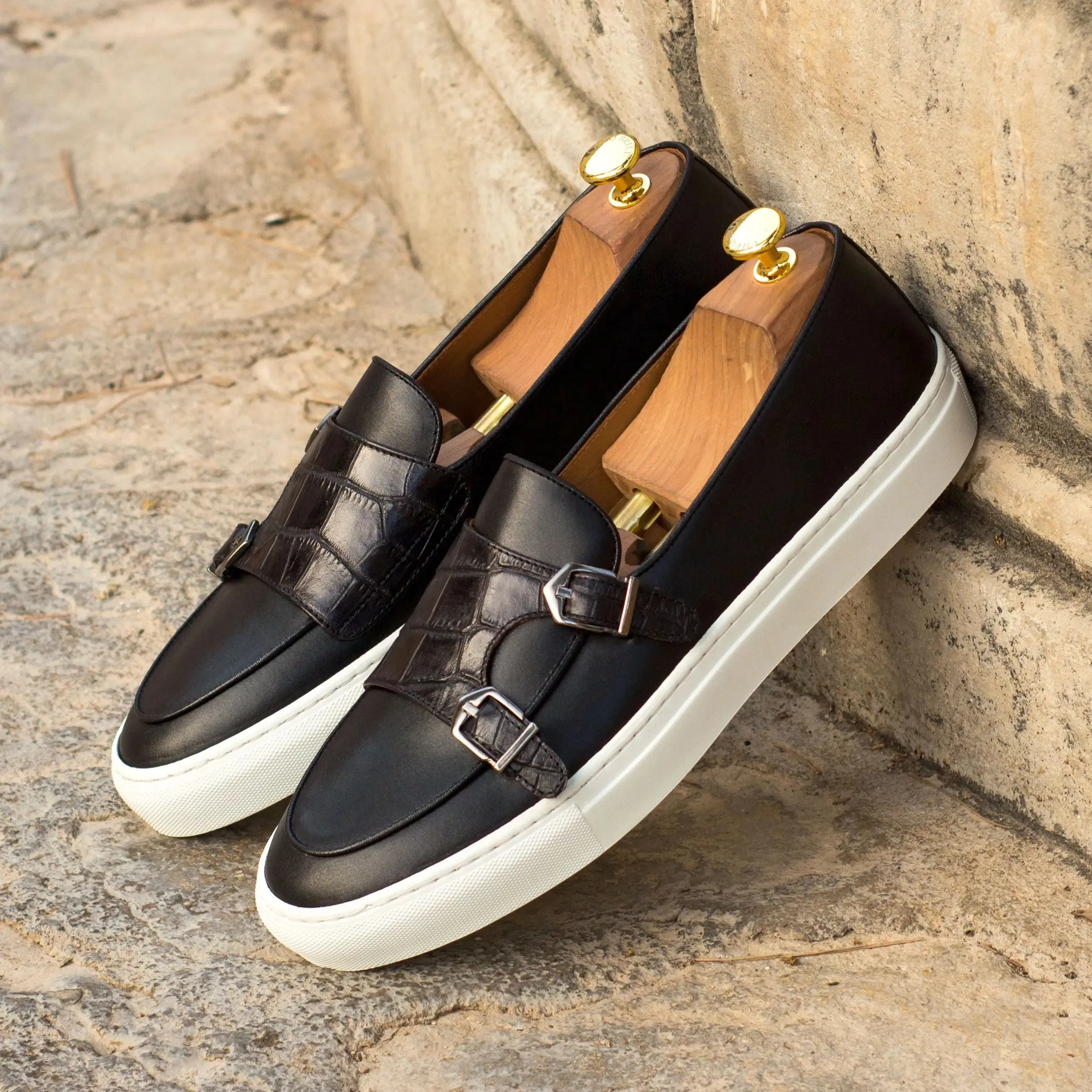 DapperFam Riviera in Black Men's Italian Croco Embossed Leather Monk Sneaker