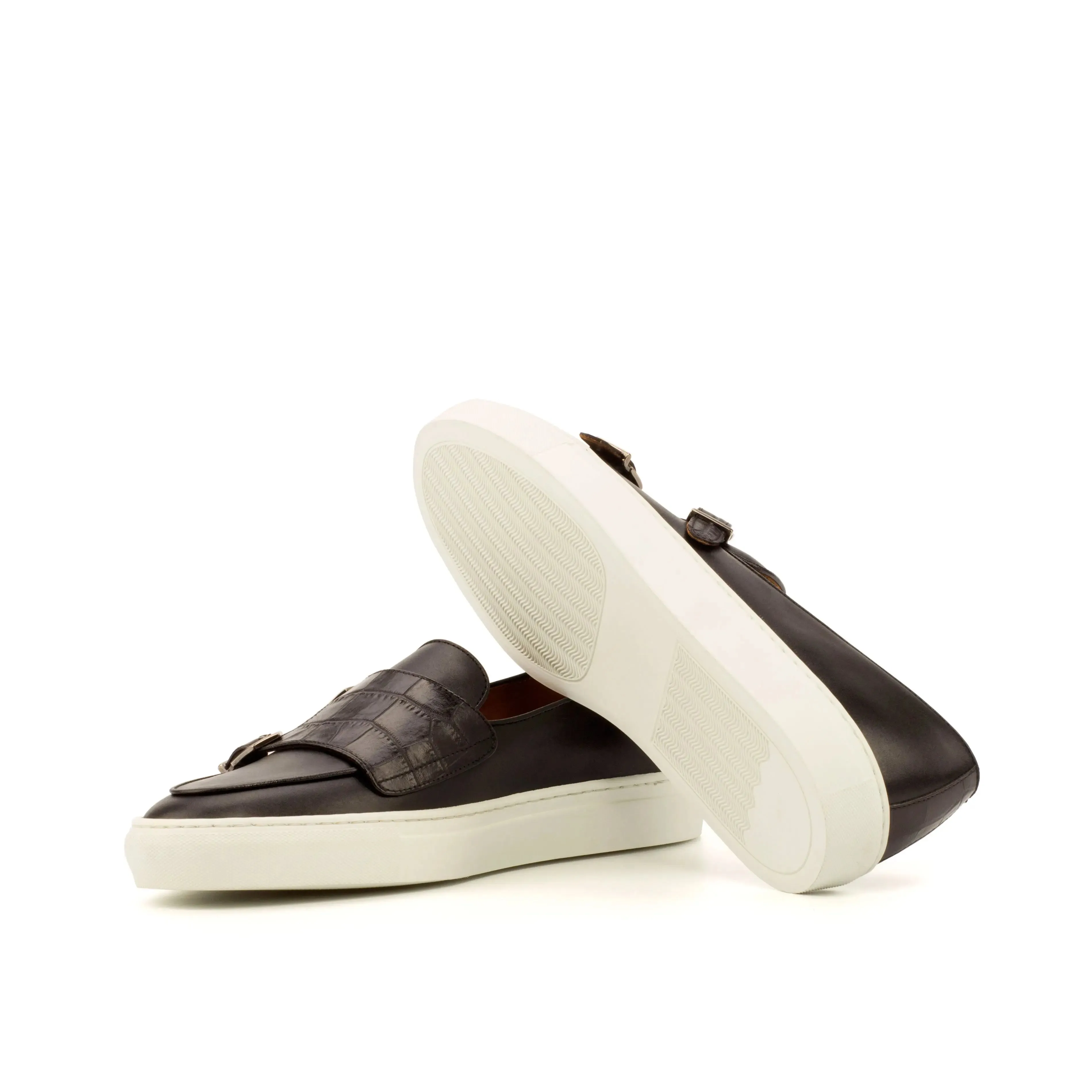 DapperFam Riviera in Black Men's Italian Croco Embossed Leather Monk Sneaker