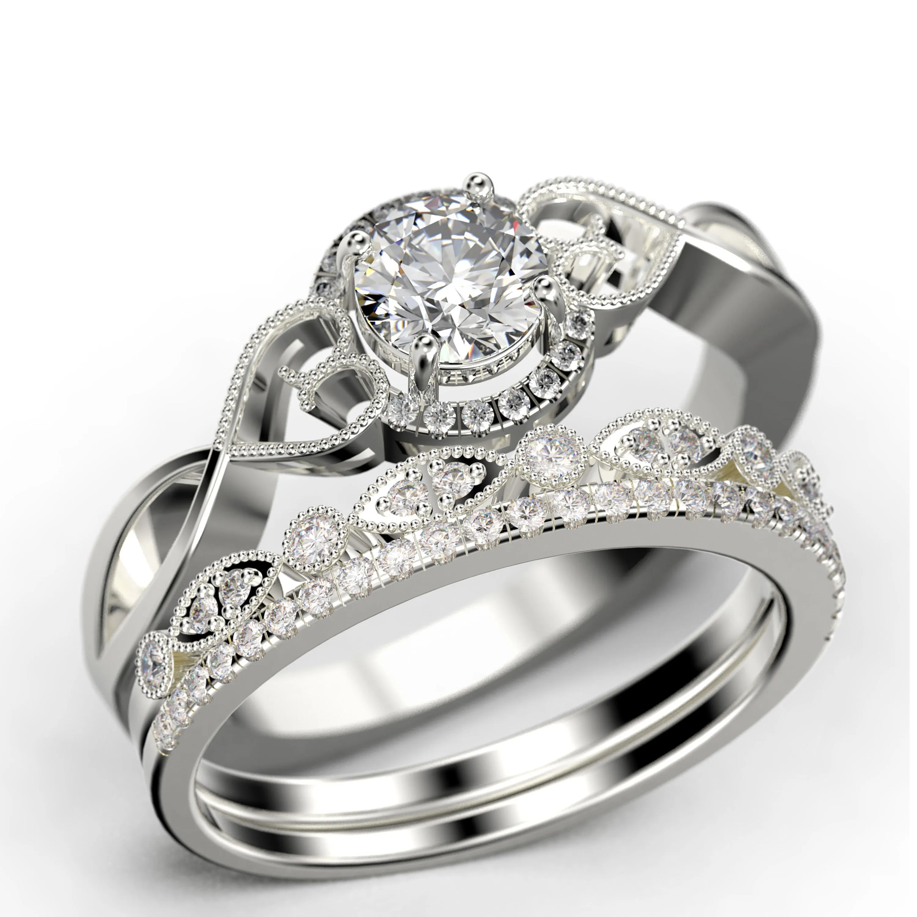 Dazzling 
Half Halo 2.25 Carat Round Cut Diamond Moissanite Engagement Ring Wedding Ring in 10k/14k/18k Solid Gold, Gift For Her, Promise Ring, Anniversary Ring, Trio Set, Matching Band