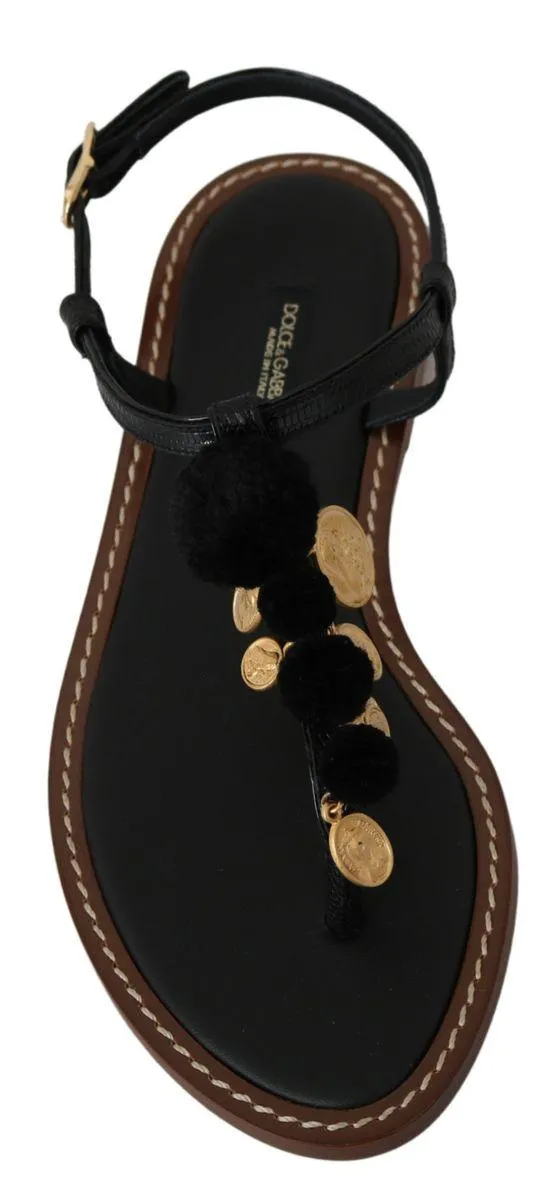 Dolce & Gabbana Black Leather Coins Flip Flops Sandals Shoes