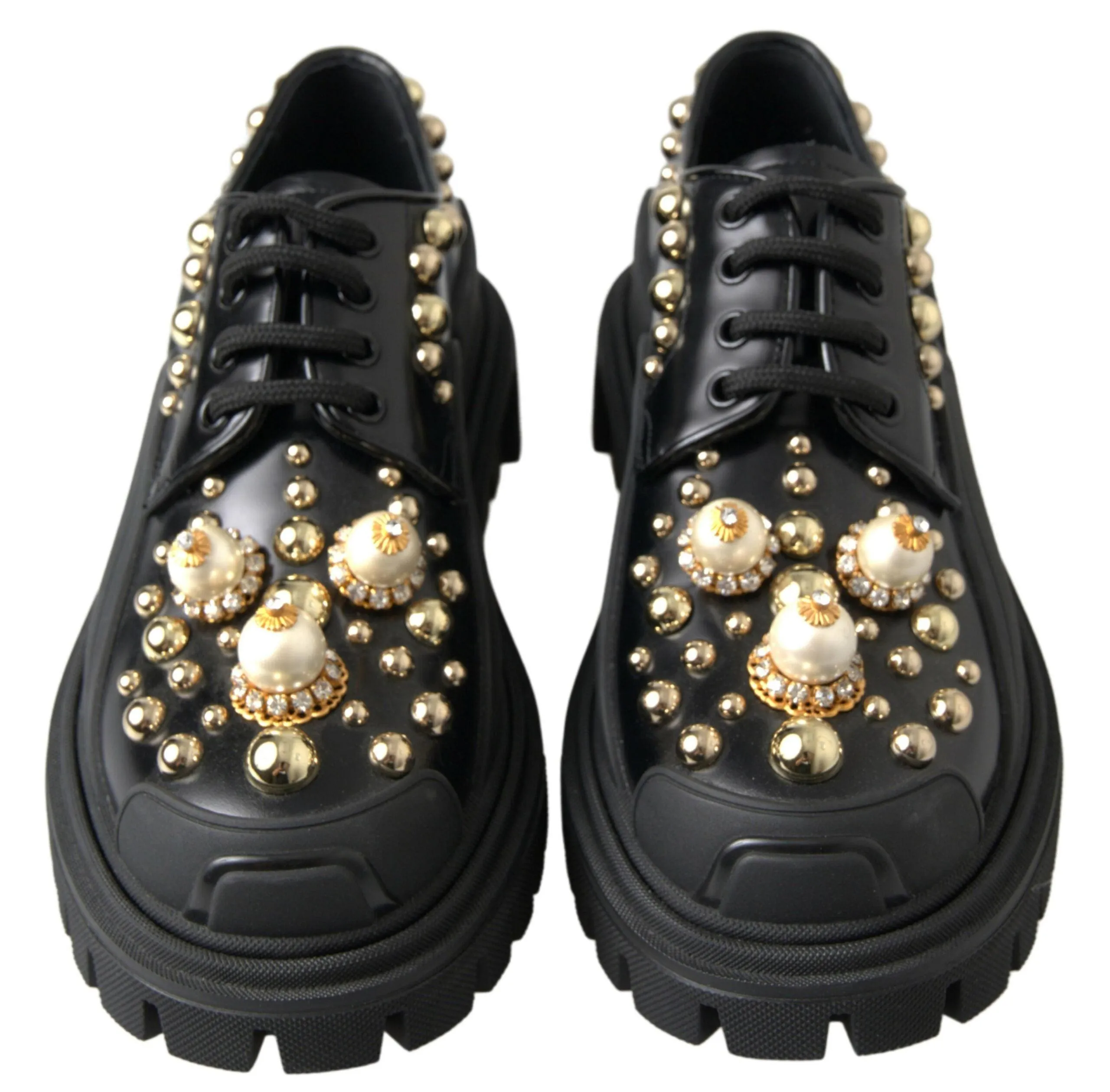 Dolce & Gabbana Black Leather Faux Pearl Studded Shoes