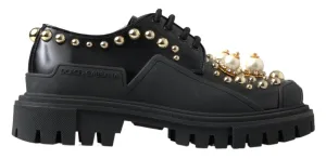 Dolce & Gabbana Black Leather Faux Pearl Studded Shoes