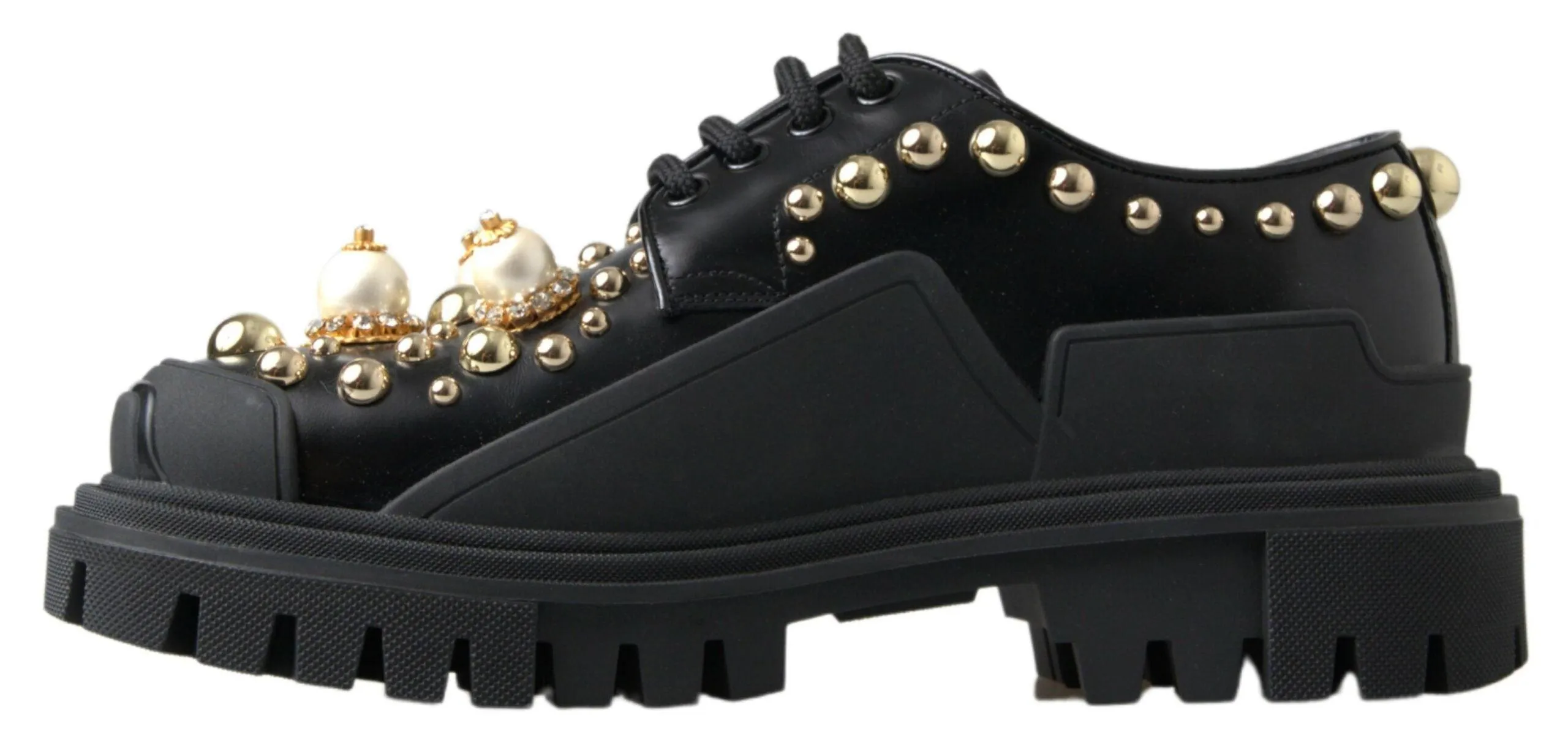 Dolce & Gabbana Black Leather Faux Pearl Studded Shoes