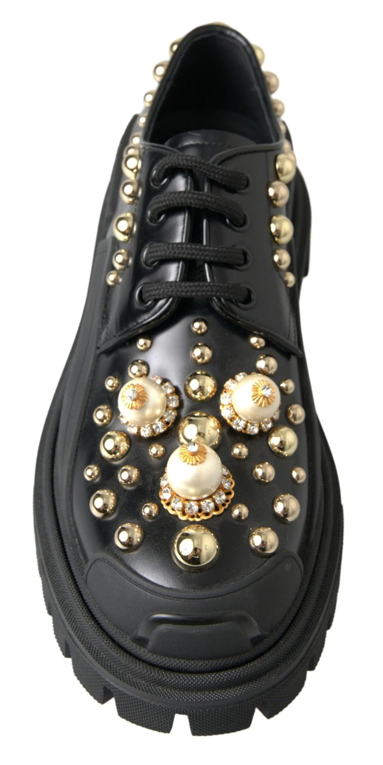 Dolce & Gabbana Black Leather Faux Pearl Studded Shoes