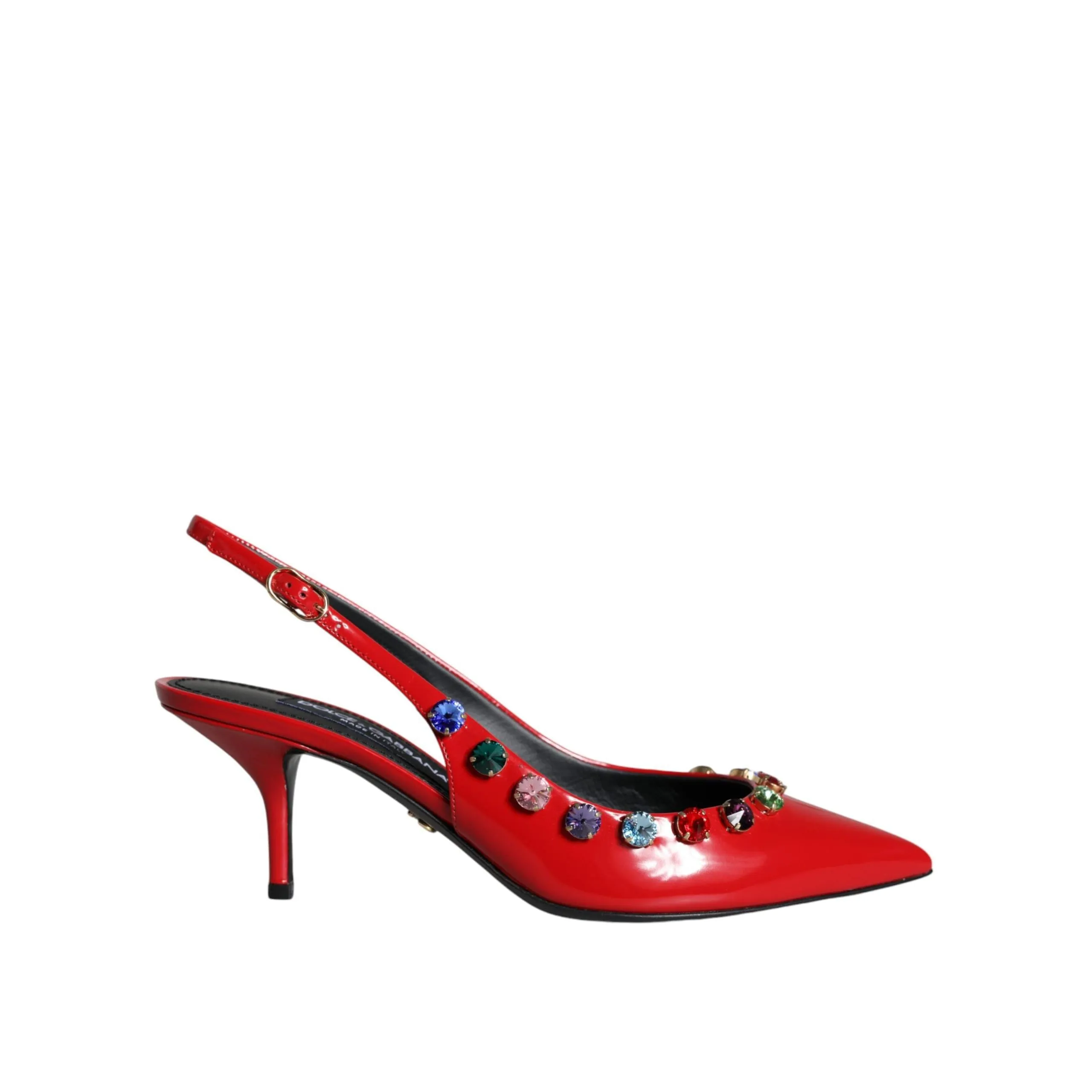 Dolce & Gabbana Red Leather Crystal Heels Slingback Shoes