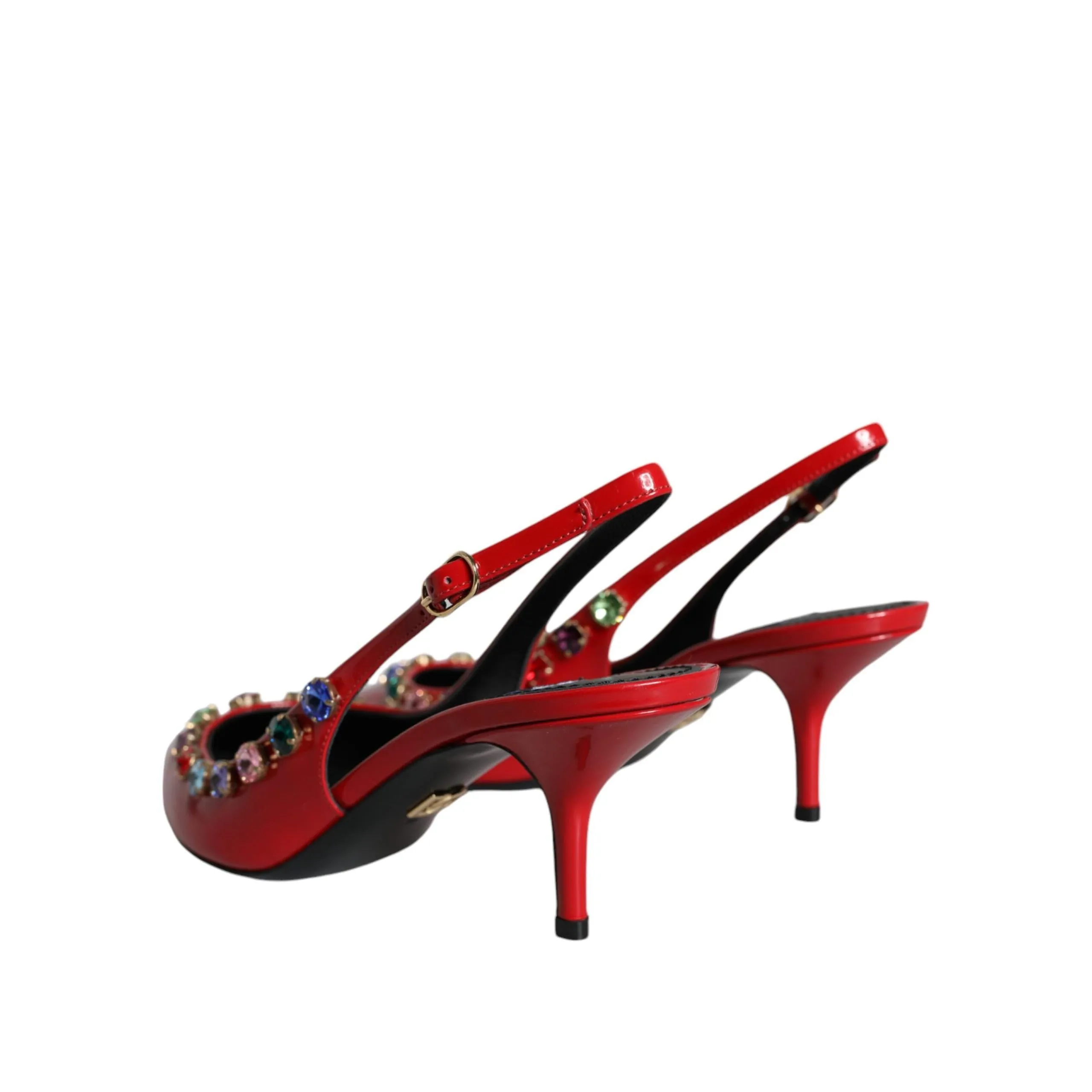 Dolce & Gabbana Red Leather Crystal Heels Slingback Shoes