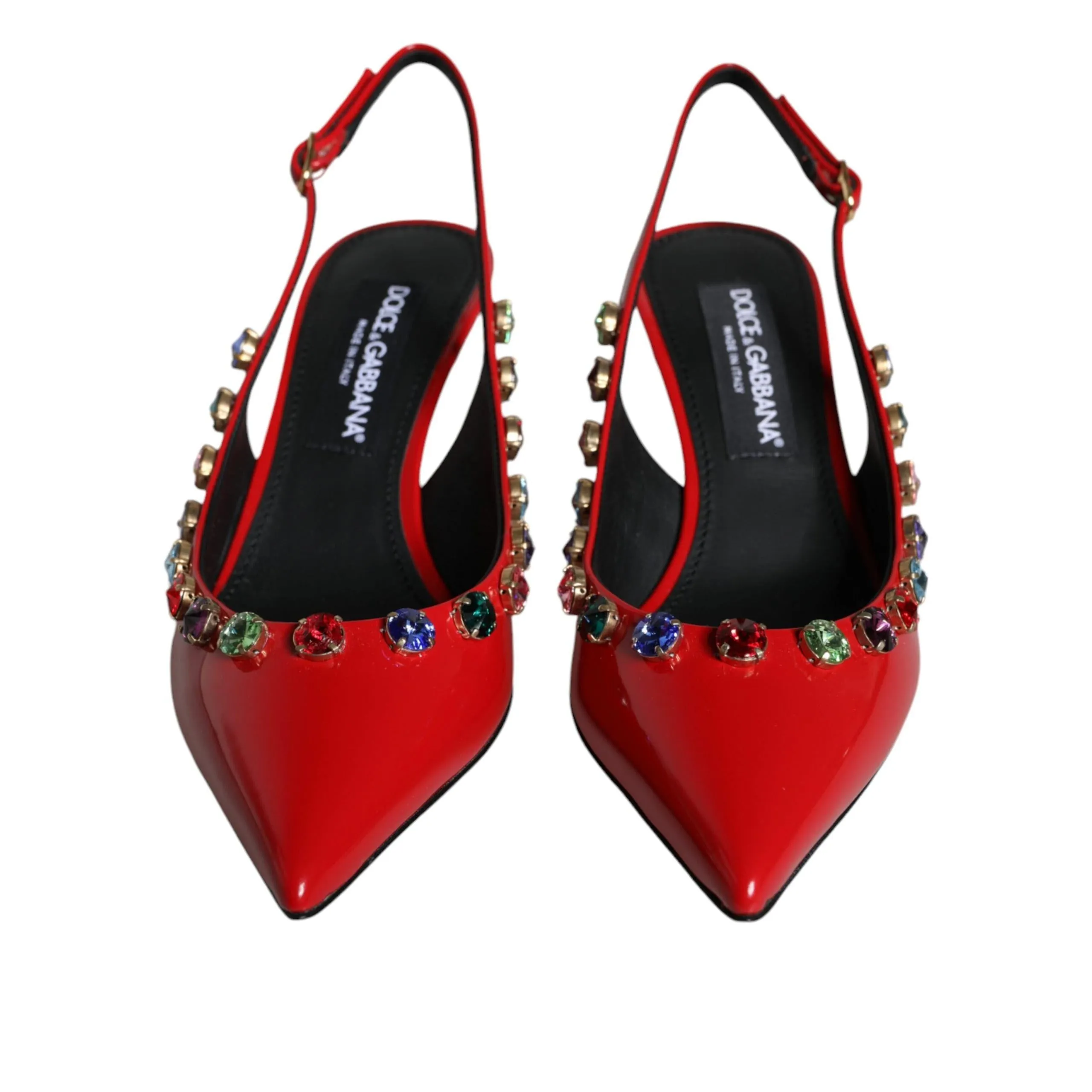 Dolce & Gabbana Red Leather Crystal Heels Slingback Shoes