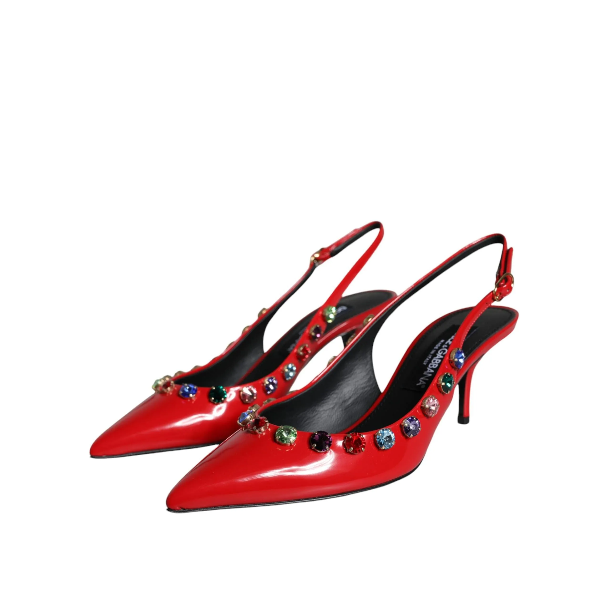 Dolce & Gabbana Red Leather Crystal Heels Slingback Shoes