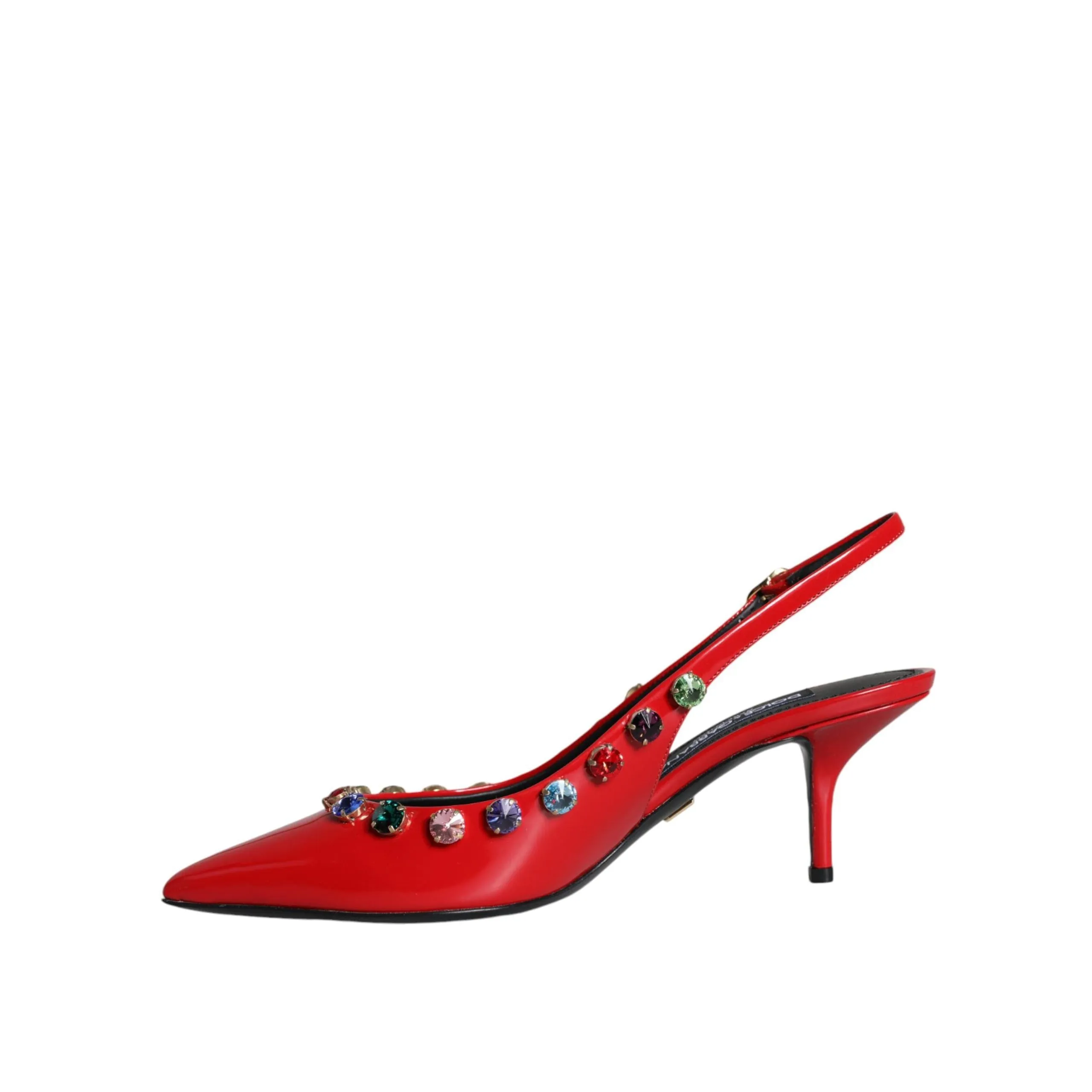 Dolce & Gabbana Red Leather Crystal Heels Slingback Shoes