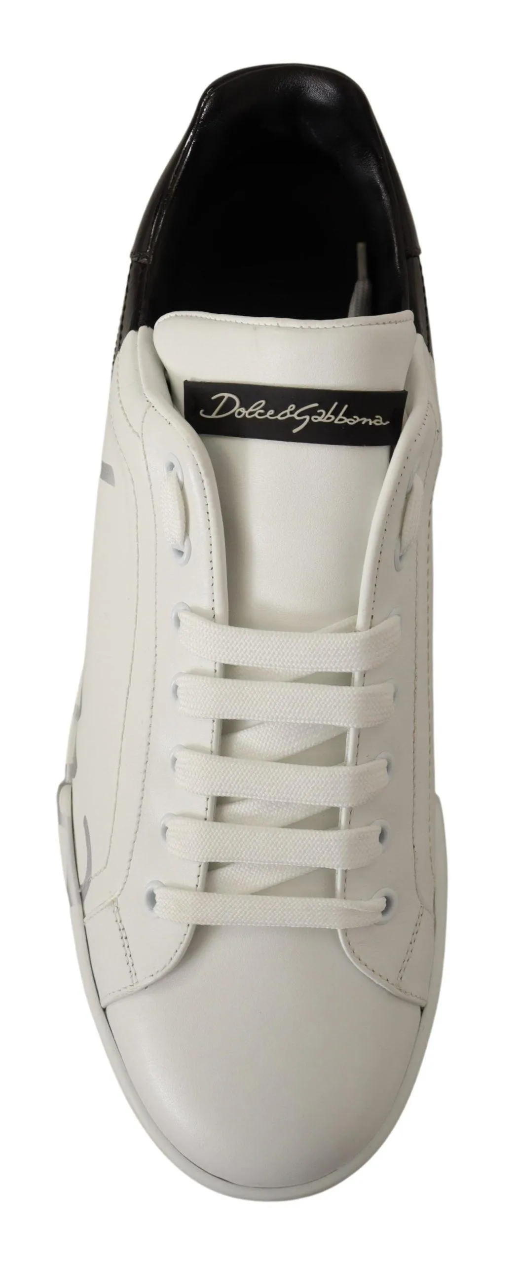 Dolce & Gabbana White Black Leather Logo Print Mens Sneakers Shoes