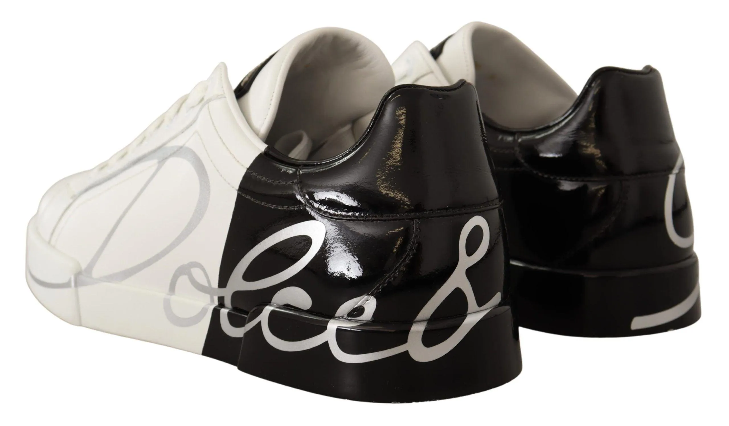 Dolce & Gabbana White Black Leather Logo Print Mens Sneakers Shoes