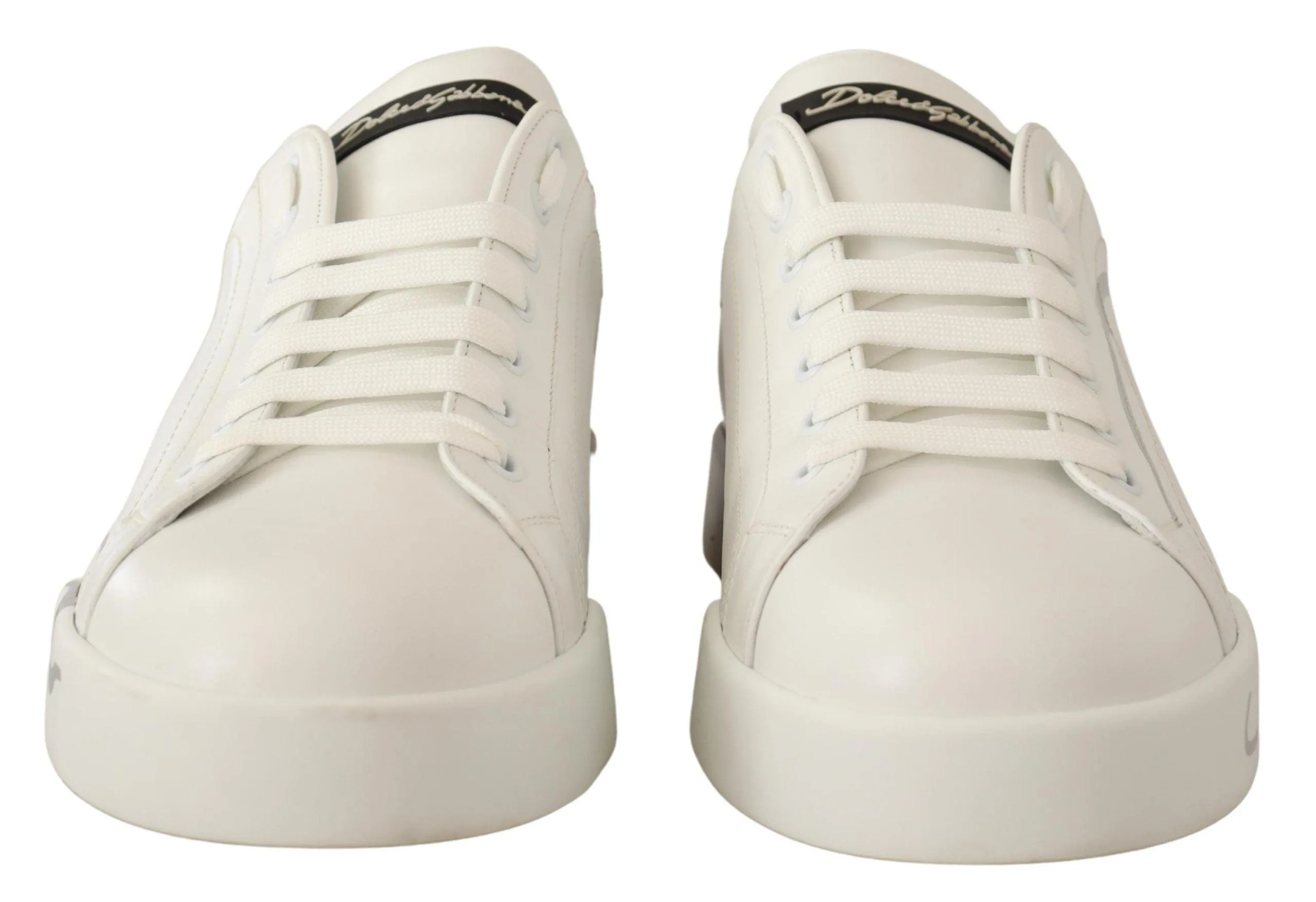 Dolce & Gabbana White Black Leather Logo Print Mens Sneakers Shoes