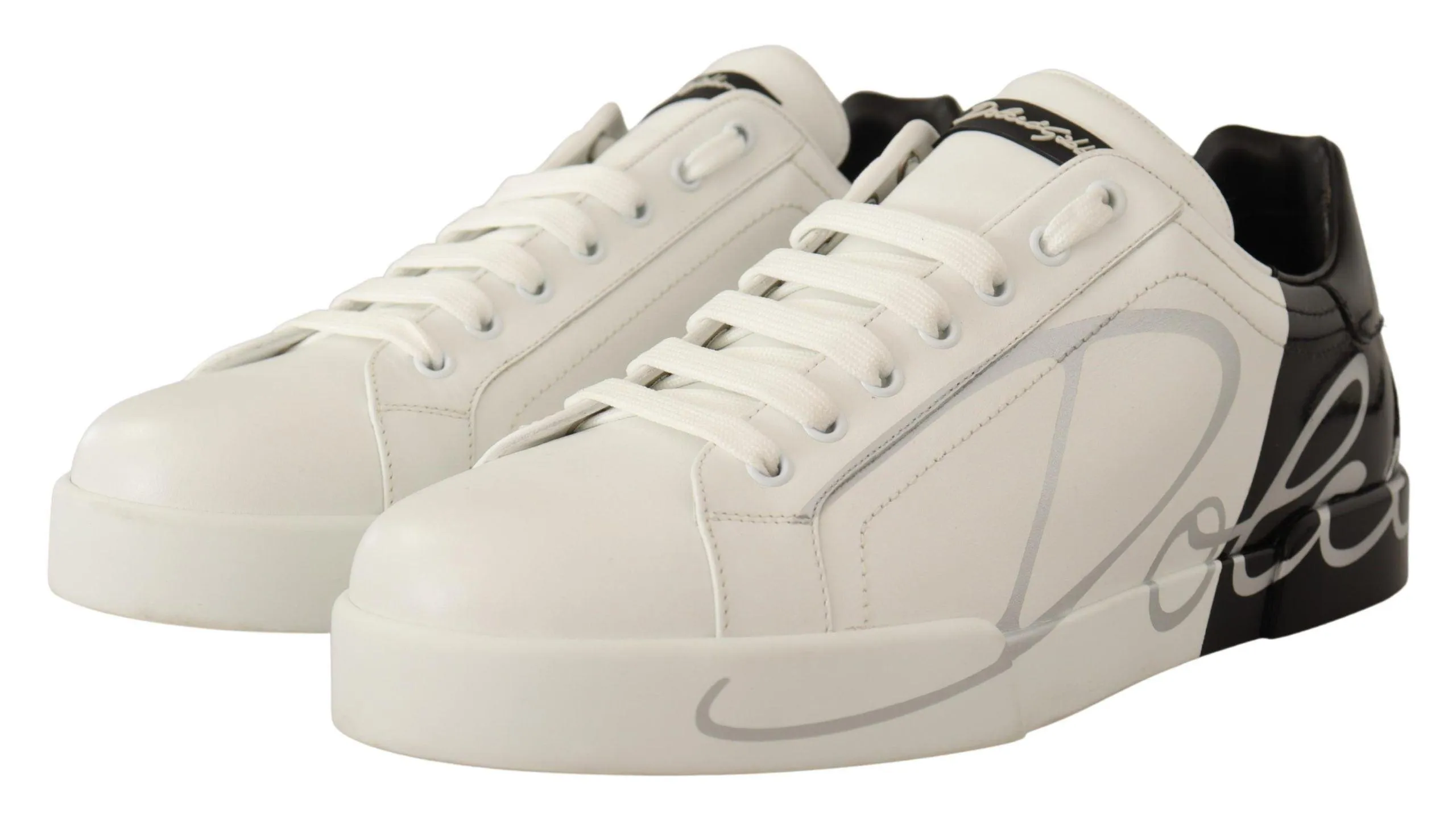 Dolce & Gabbana White Black Leather Logo Print Mens Sneakers Shoes