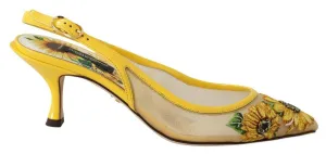 Dolce & Gabbana Yellow Sunflower Mesh Heels Slingback Shoes