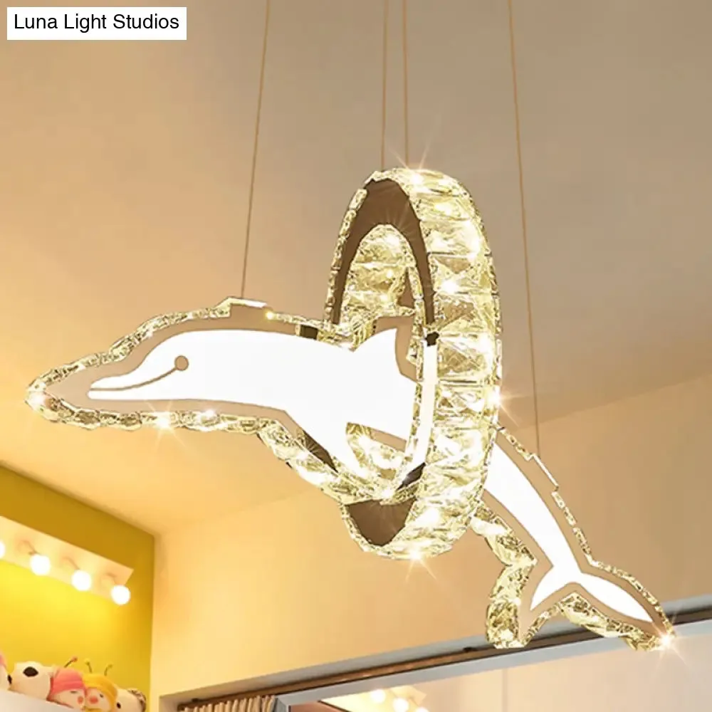 Dolphin and Ring Chandelier Kids LED Pendant Light for Nursery - Crystal, Stainless Steel Fixture