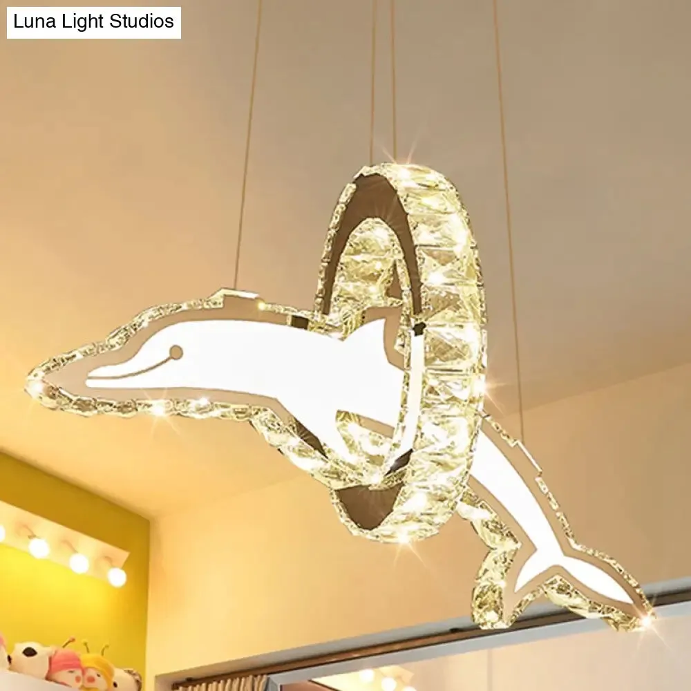Dolphin and Ring Chandelier Kids LED Pendant Light for Nursery - Crystal, Stainless Steel Fixture