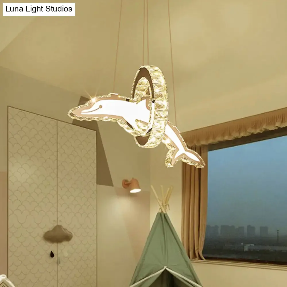 Dolphin and Ring Chandelier Kids LED Pendant Light for Nursery - Crystal, Stainless Steel Fixture