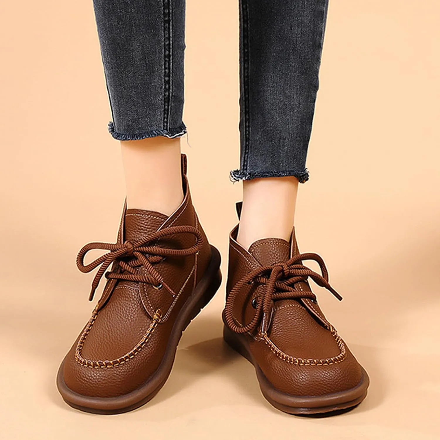 Ephirebra Womens Leather Lace Up Retro Flat Short Boots Round Toe Retro Boots Warm Non-Slip Causal Shoes