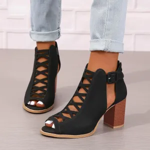 Fashion Strappy Heels Sandals for Women Dressy Summer Cutout Chunky Block Heels Suede Open Toe Ankle Strap Heels Back Zipper Booties Wedding Party Evening Prom Dance Dress Shoes