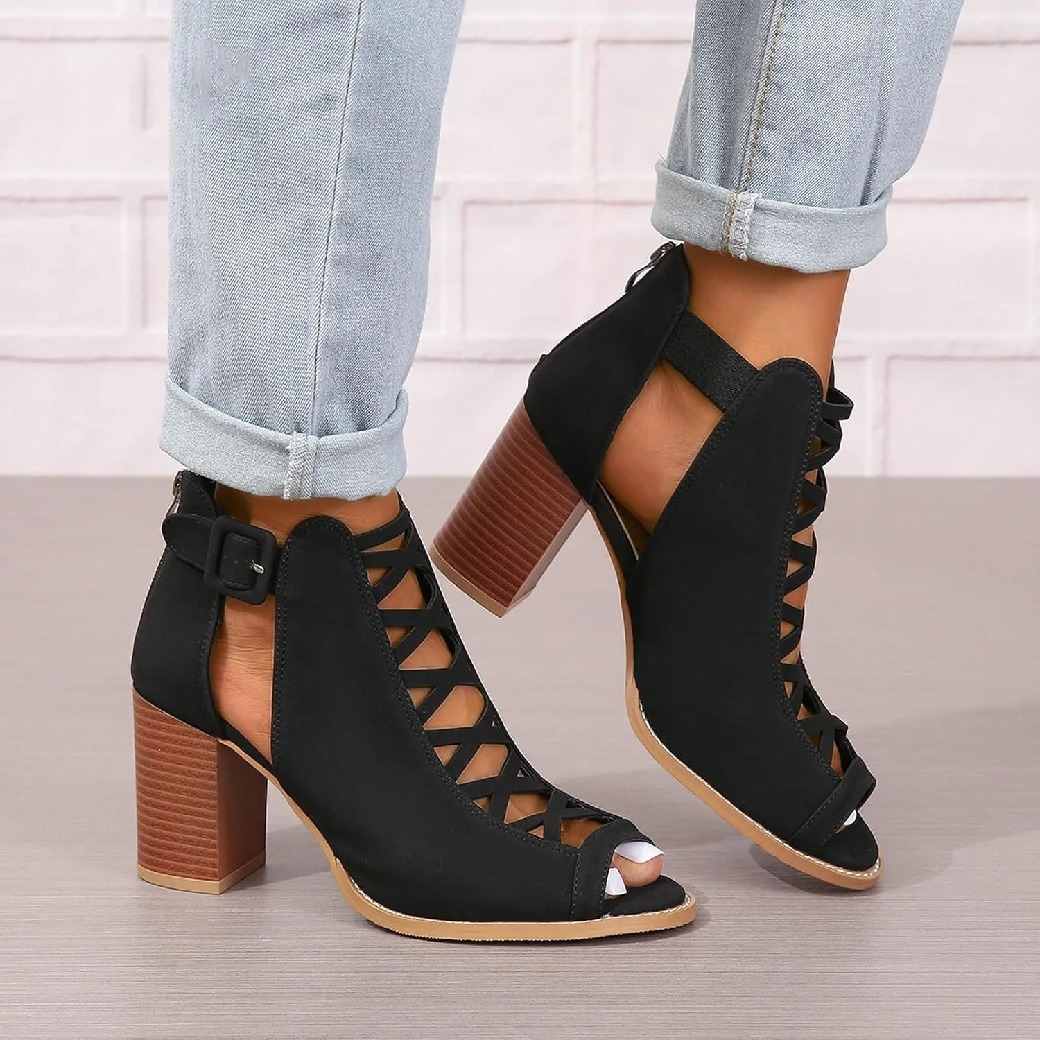 Fashion Strappy Heels Sandals for Women Dressy Summer Cutout Chunky Block Heels Suede Open Toe Ankle Strap Heels Back Zipper Booties Wedding Party Evening Prom Dance Dress Shoes