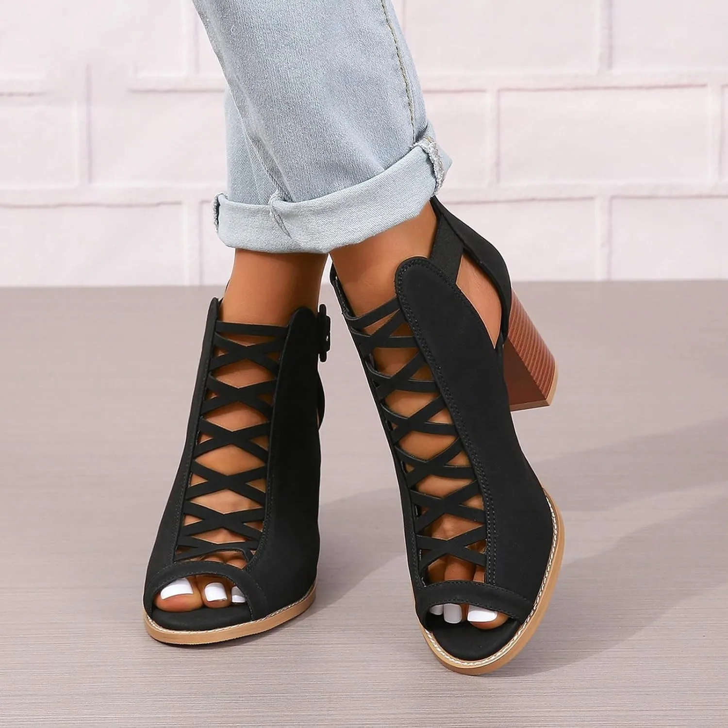 Fashion Strappy Heels Sandals for Women Dressy Summer Cutout Chunky Block Heels Suede Open Toe Ankle Strap Heels Back Zipper Booties Wedding Party Evening Prom Dance Dress Shoes