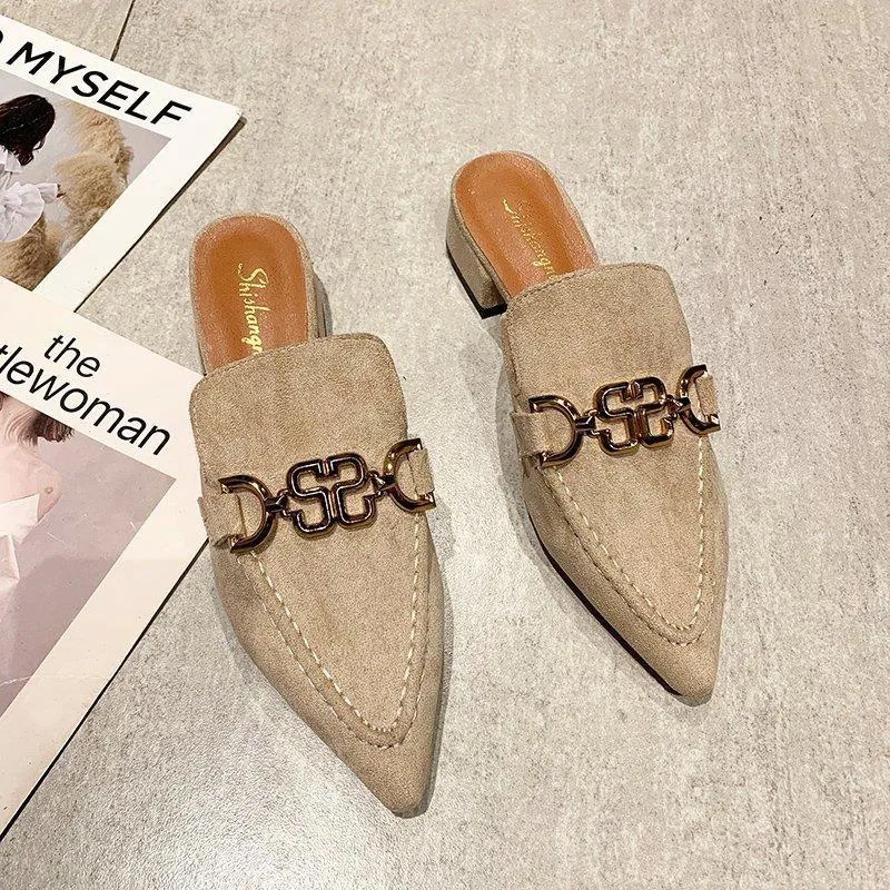 Finn Chain Pointed Toe Mule Shoes Women's Metal Buckle Thick Heel Toe Box Half Slippers Outdoor Mules