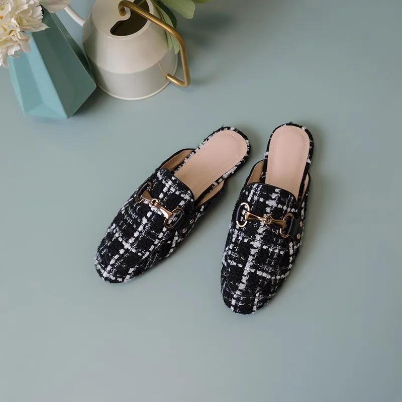 Finn Chain Pointed Toe Mule Summer Checked Cloth Closed Toe Half Slippers Women's Flat Metal Buckle Sandals