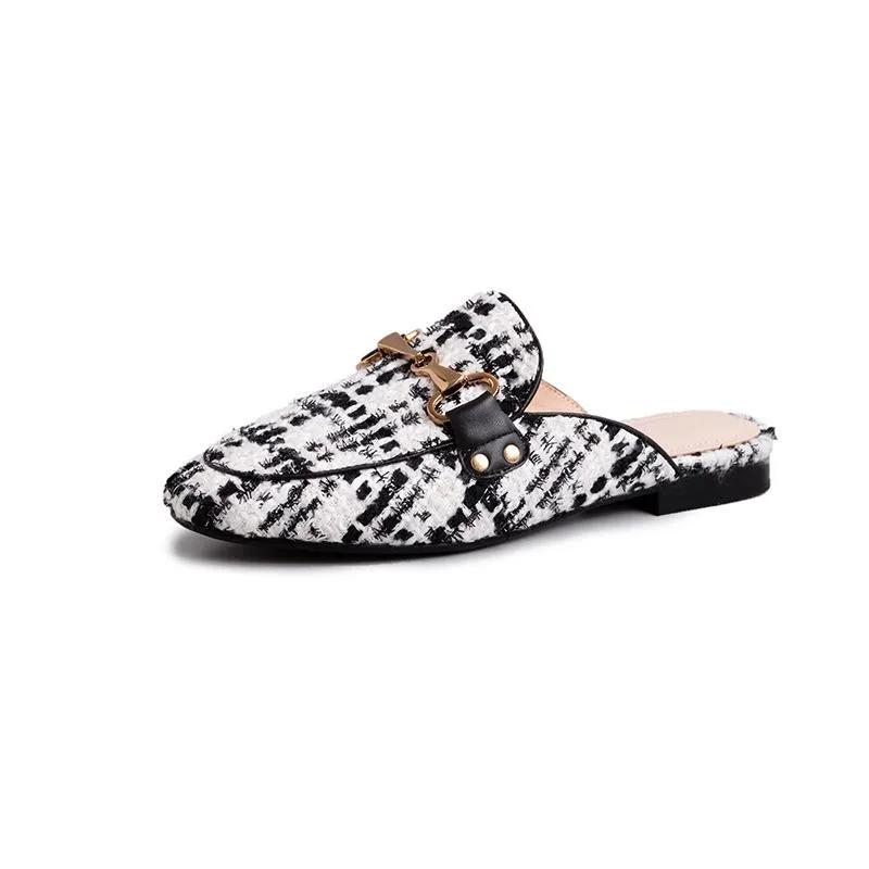 Finn Chain Pointed Toe Mule Summer Checked Cloth Closed Toe Half Slippers Women's Flat Metal Buckle Sandals