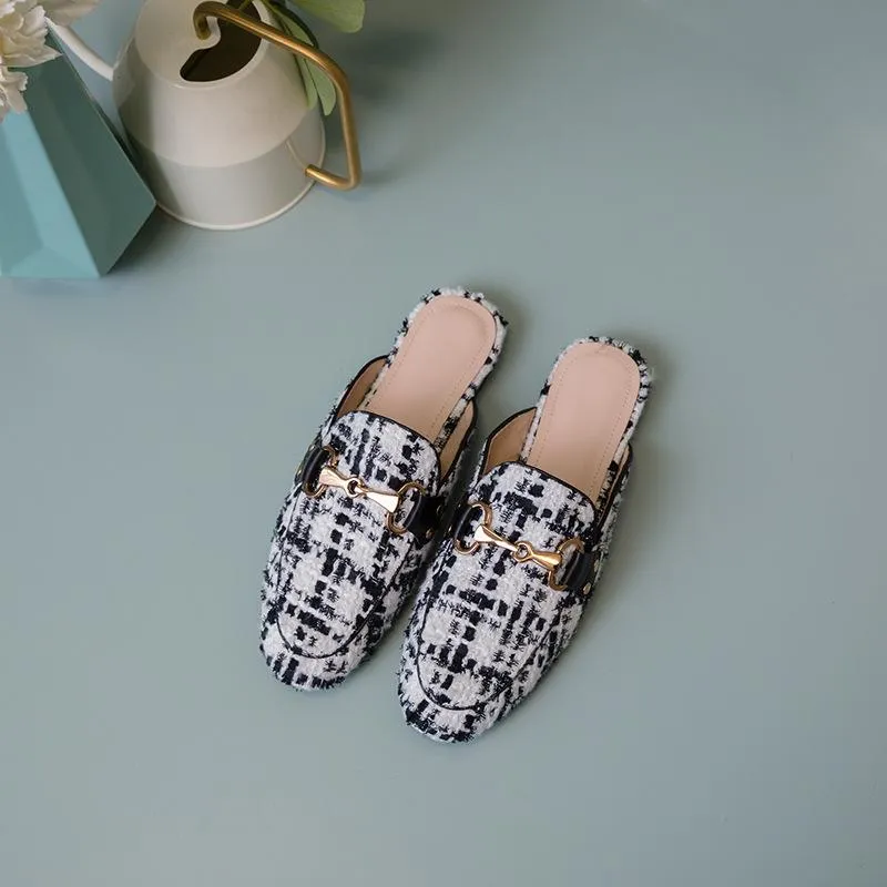 Finn Chain Pointed Toe Mule Summer Checked Cloth Closed Toe Half Slippers Women's Flat Metal Buckle Sandals