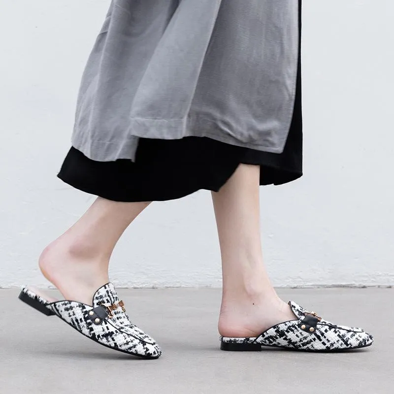 Finn Chain Pointed Toe Mule Summer Checked Cloth Closed Toe Half Slippers Women's Flat Metal Buckle Sandals