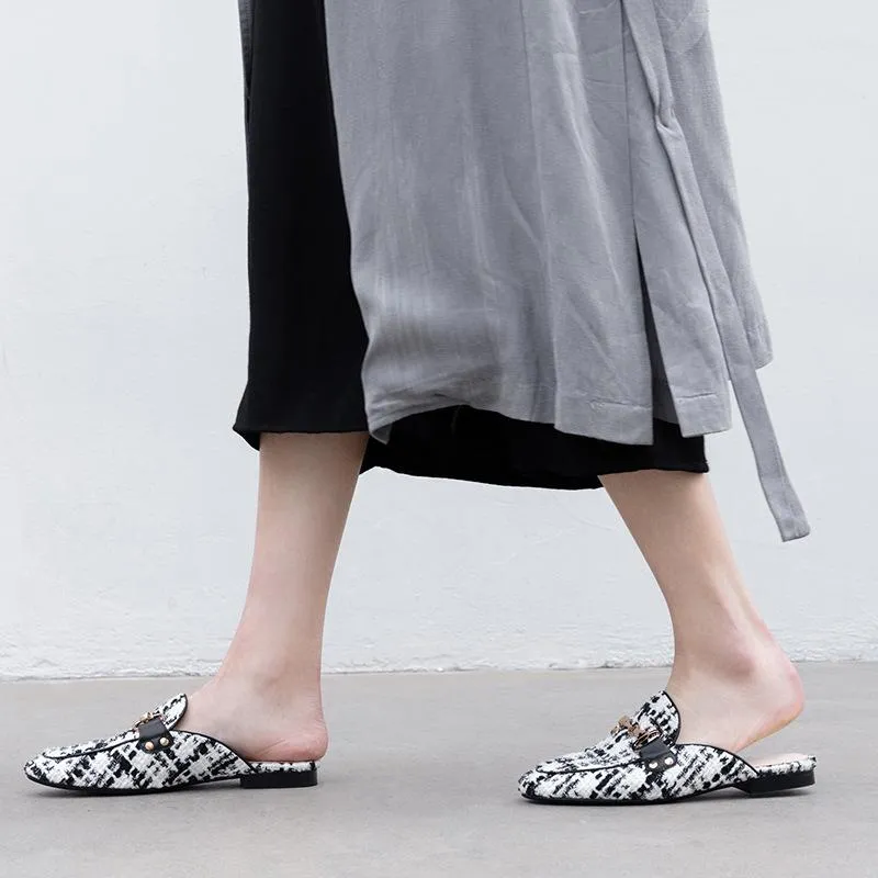 Finn Chain Pointed Toe Mule Summer Checked Cloth Closed Toe Half Slippers Women's Flat Metal Buckle Sandals