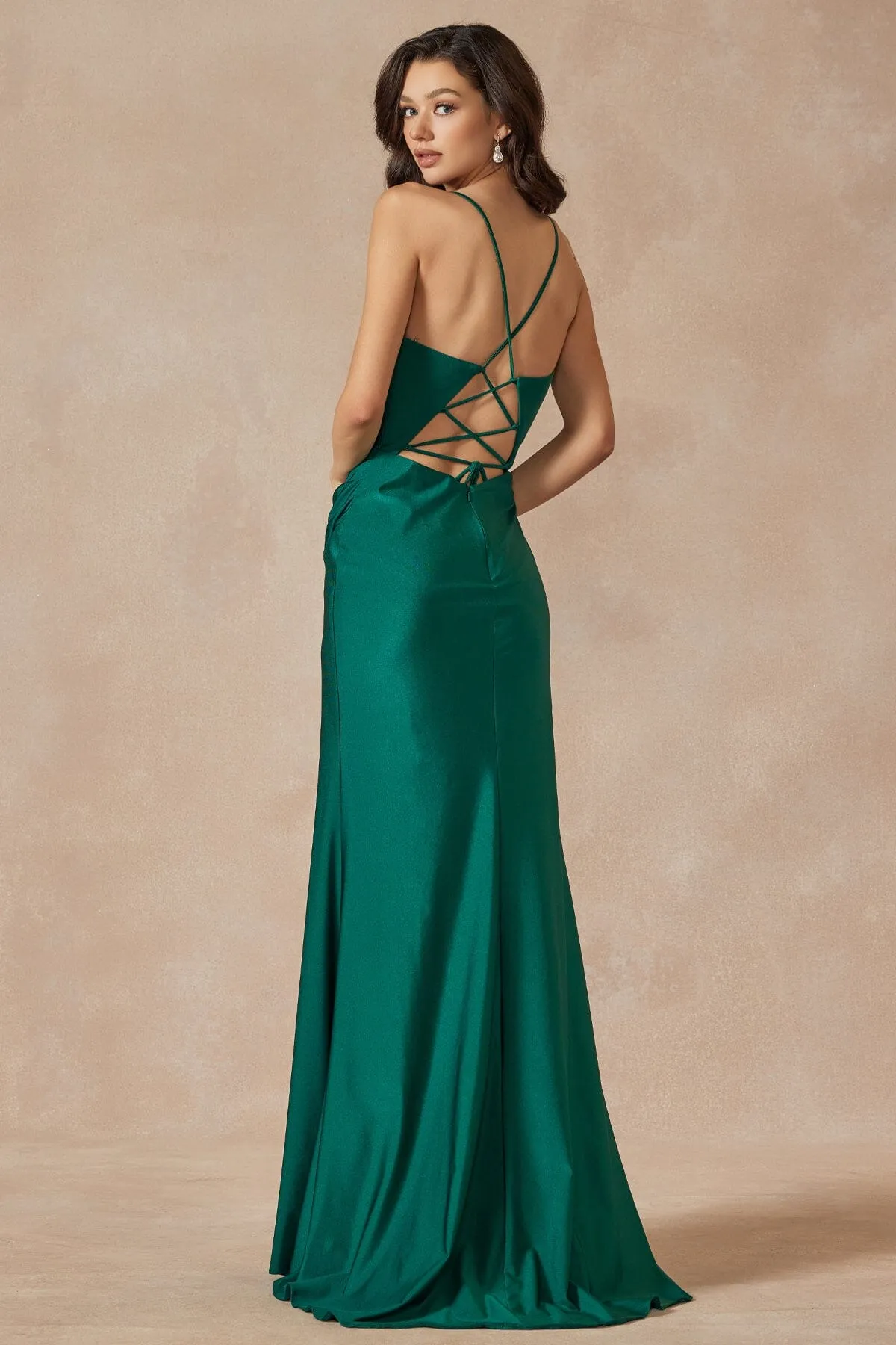 Fitted Cowl Neck Satin Corset Slit Gown by Juliet 291