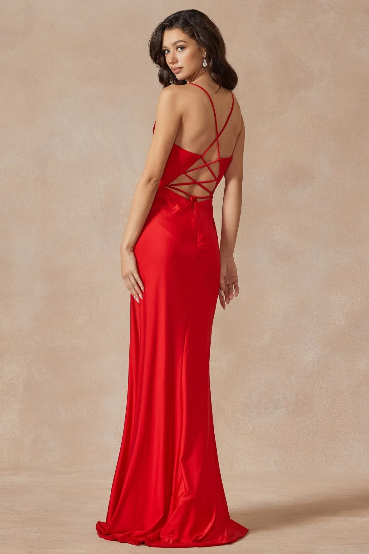 Fitted Cowl Neck Satin Corset Slit Gown by Juliet 291