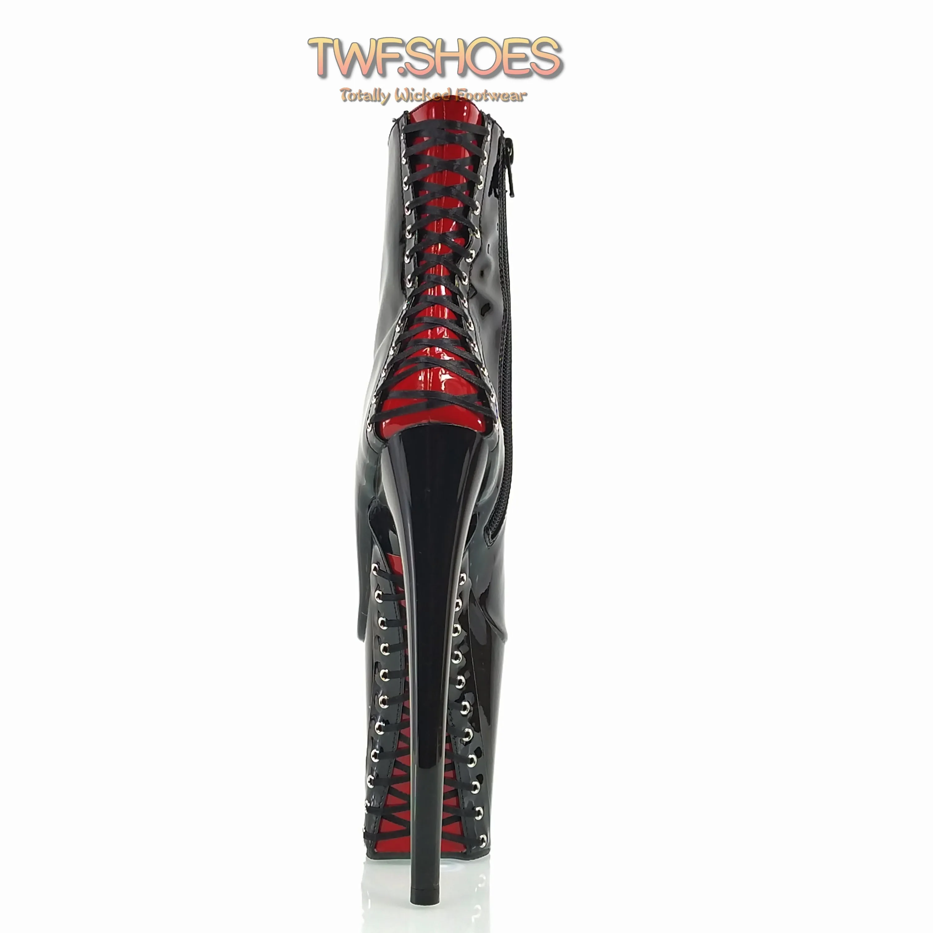Flamingo 1025 Black Patent Red Corset Vamp Ankle Boots  8" High Heels - Direct