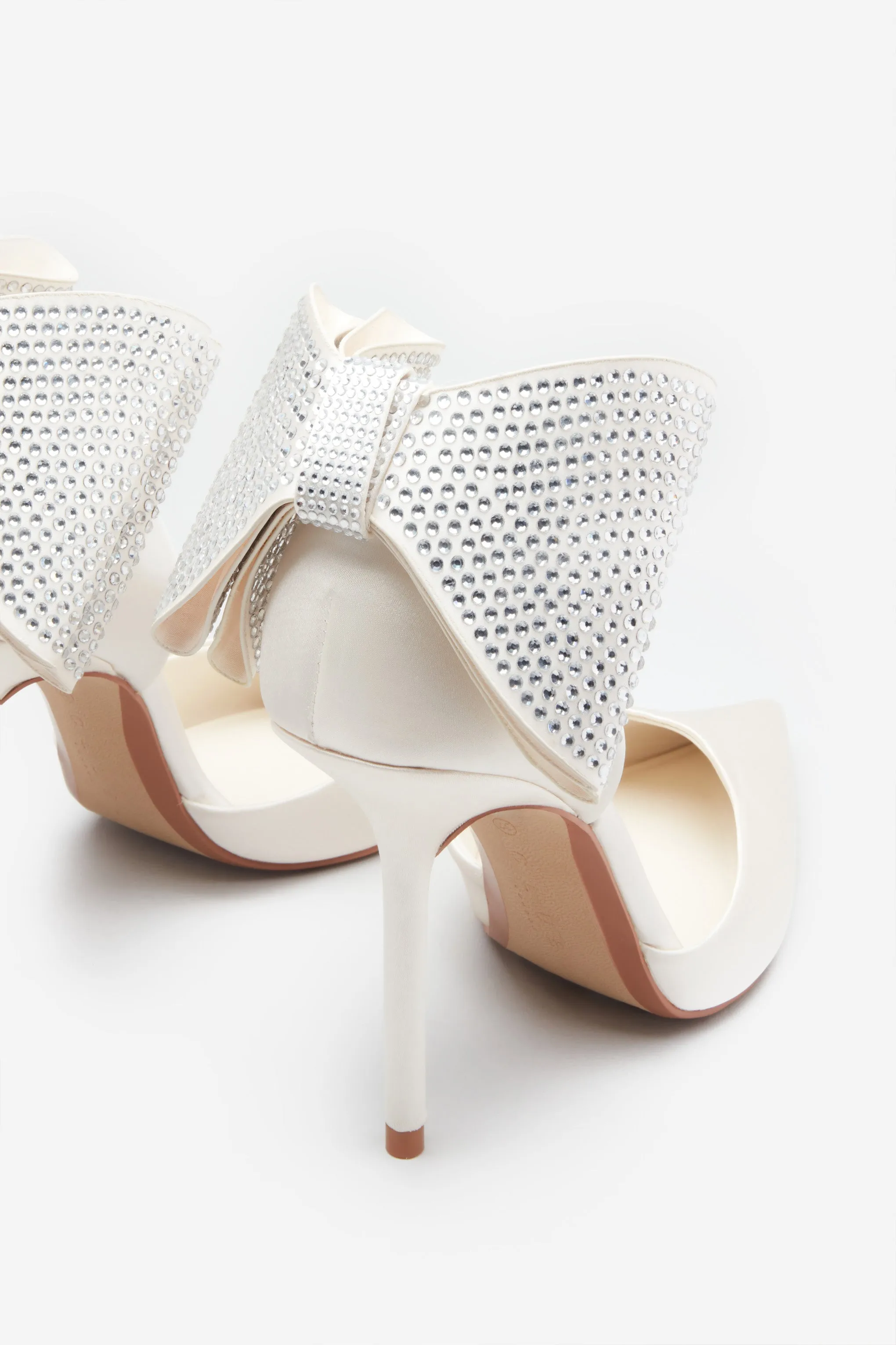 Flashing Lights | Ivory Satin Pointed Court Heels With Diamante Bows (Copy)