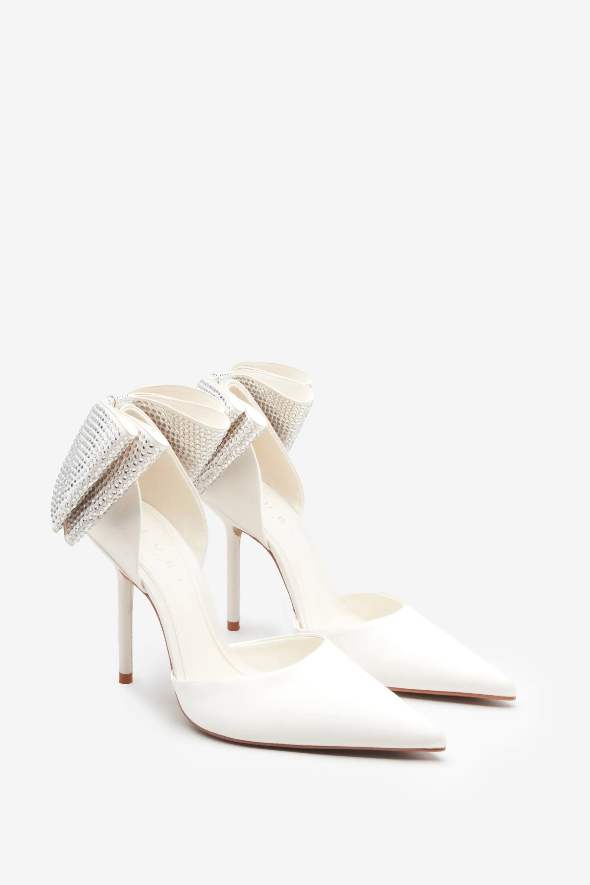 Flashing Lights | Ivory Satin Pointed Court Heels With Diamante Bows (Copy)
