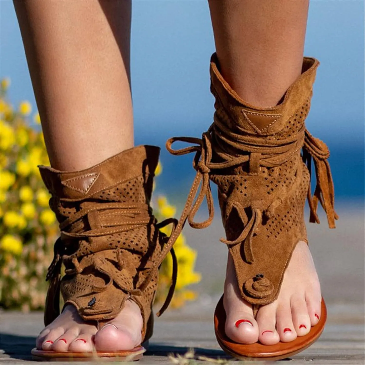 Flat Flip Flops Gladiator Heel Sandals Vintage Toe Ankle Boots Bohemian T-Strap Sandals Retro Bohemian Beach Roman Boots Tassel Flip Flops Wedge Sandals,Brown,US9/EU41