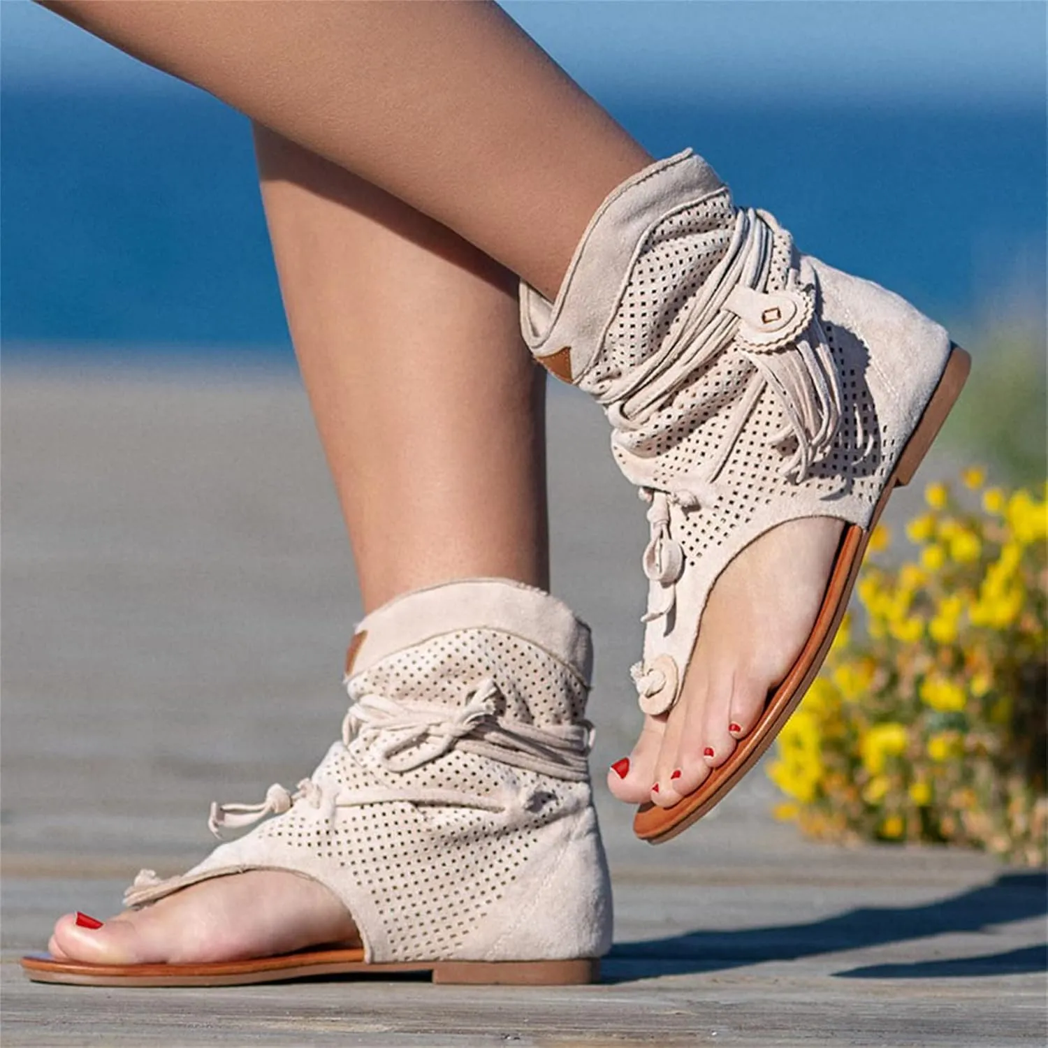 Flat Flip Flops Gladiator Heel Sandals Vintage Toe Ankle Boots Bohemian T-Strap Sandals Retro Bohemian Beach Roman Boots Tassel Flip Flops Wedge Sandals,Brown,US9/EU41