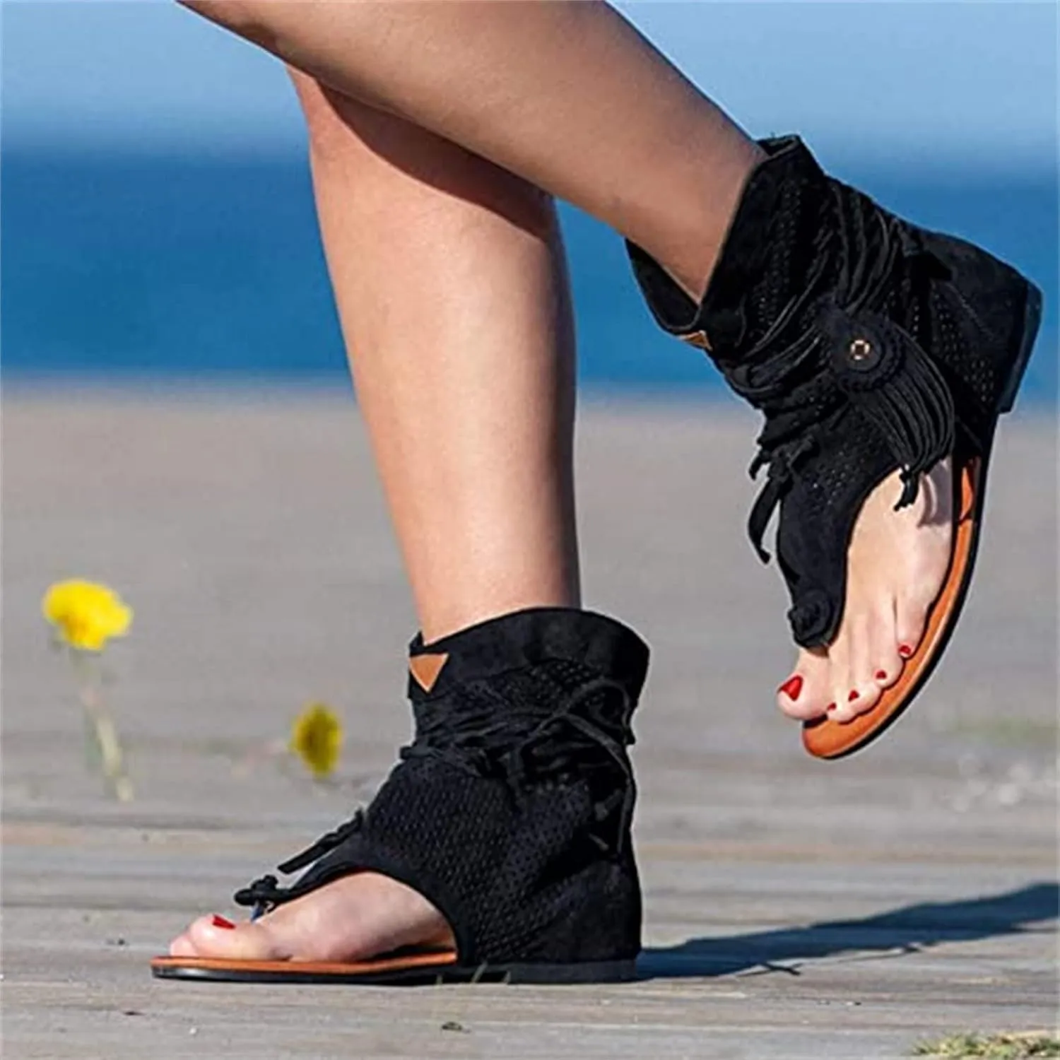 Flat Flip Flops Gladiator Heel Sandals Vintage Toe Ankle Boots Bohemian T-Strap Sandals Retro Bohemian Beach Roman Boots Tassel Flip Flops Wedge Sandals,Brown,US9/EU41