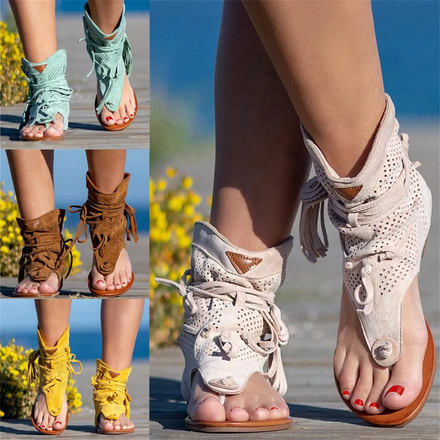 Flat Flip Flops Gladiator Heel Sandals Vintage Toe Ankle Boots Bohemian T-Strap Sandals Retro Bohemian Beach Roman Boots Tassel Flip Flops Wedge Sandals,Brown,US9/EU41
