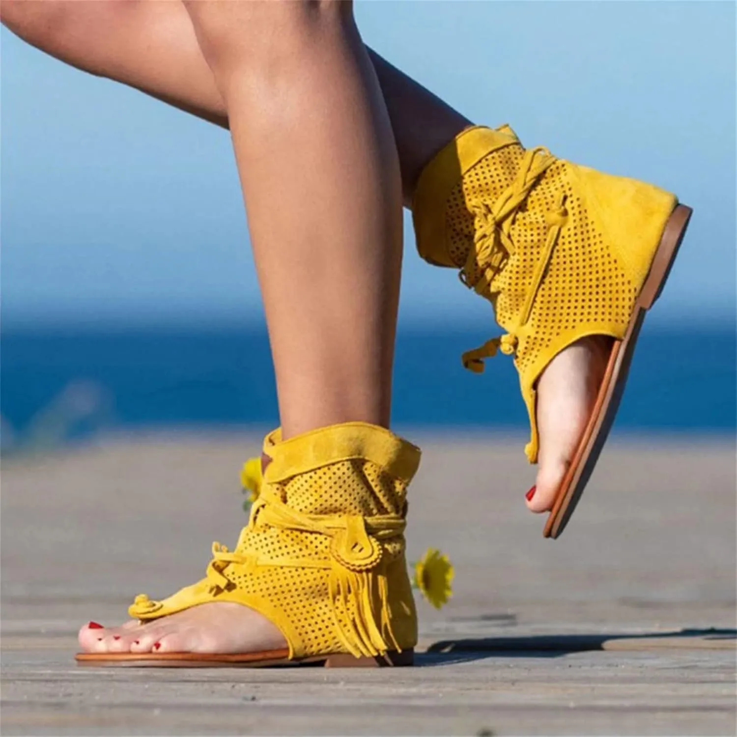 Flat Flip Flops Gladiator Heel Sandals Vintage Toe Ankle Boots Bohemian T-Strap Sandals Retro Bohemian Beach Roman Boots Tassel Flip Flops Wedge Sandals,Brown,US9/EU41