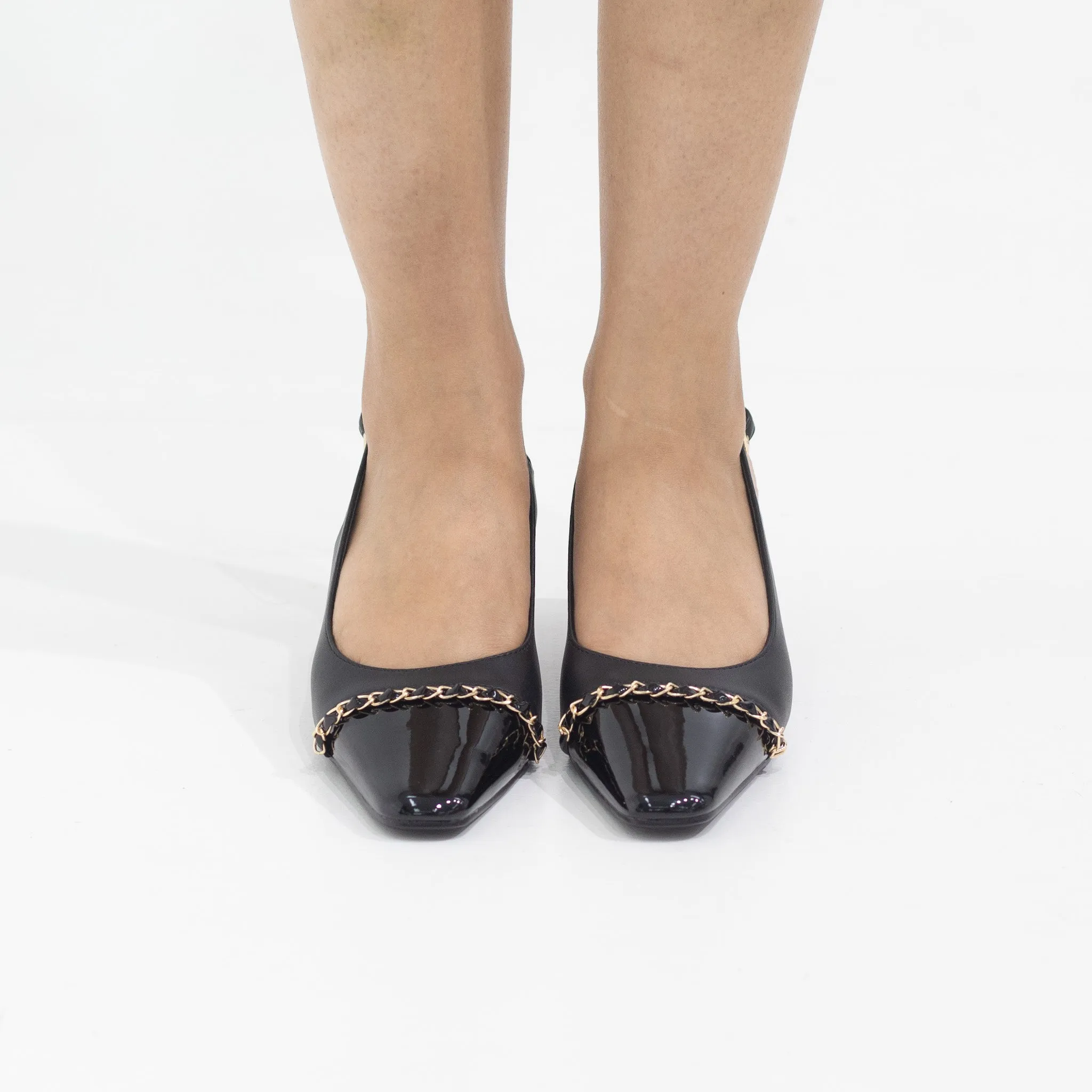 Galaxy 5.5cm heel sling back with chain detail black
