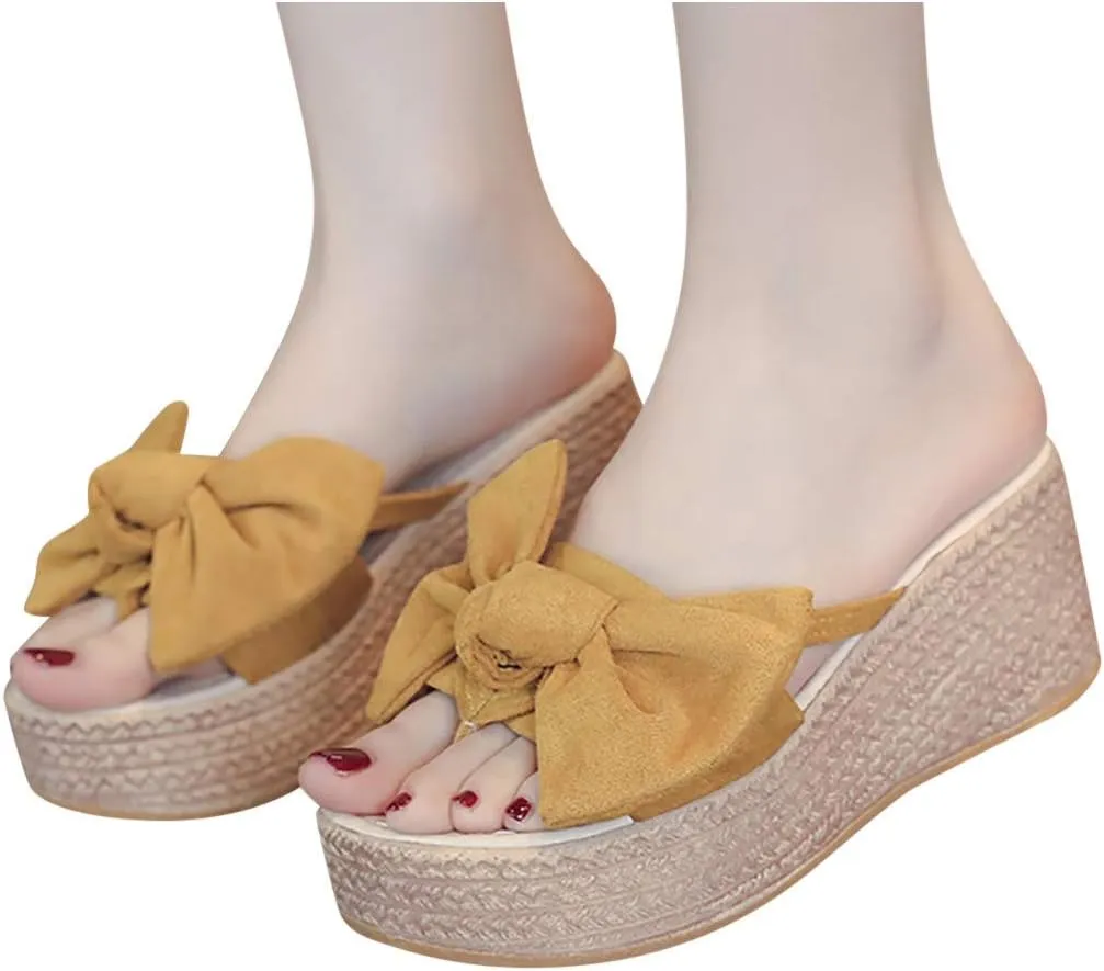 Gibobby Slippers for Women Wide Width,Womens Summer Bow Platforms Sandals Anti-Slip Casual Summer Beach Thong Slipper