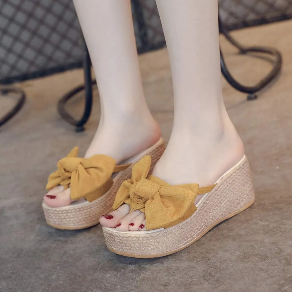 Gibobby Slippers for Women Wide Width,Womens Summer Bow Platforms Sandals Anti-Slip Casual Summer Beach Thong Slipper