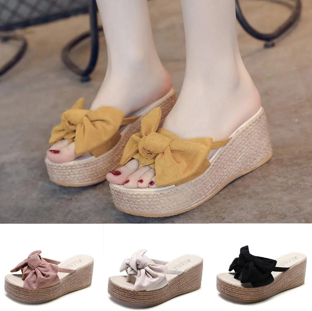 Gibobby Slippers for Women Wide Width,Womens Summer Bow Platforms Sandals Anti-Slip Casual Summer Beach Thong Slipper