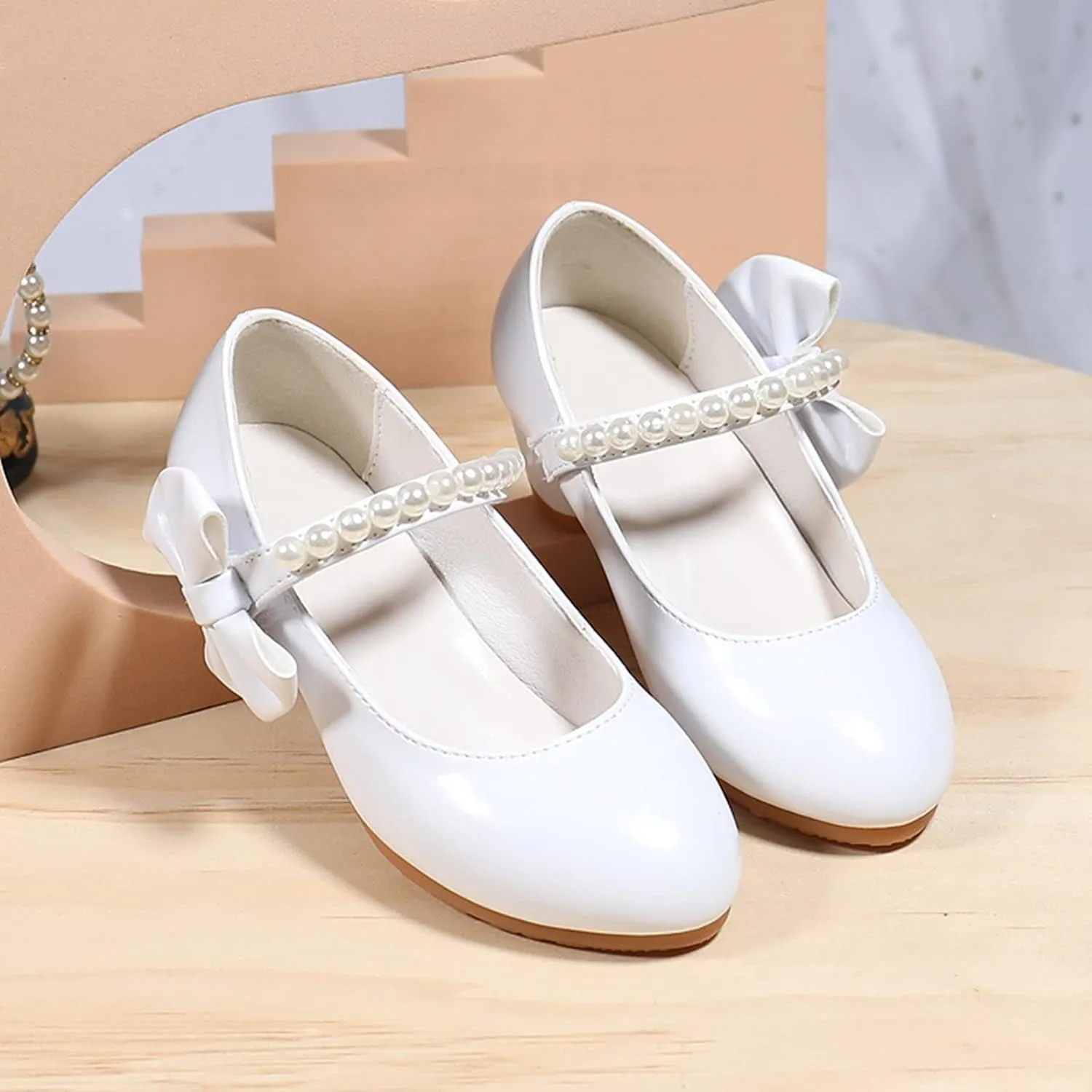 Girls Dress Shoes Mary Jane Shoes for Kids School Shoes Low Heel White Bow Knot Sneaker for Girls Size 3