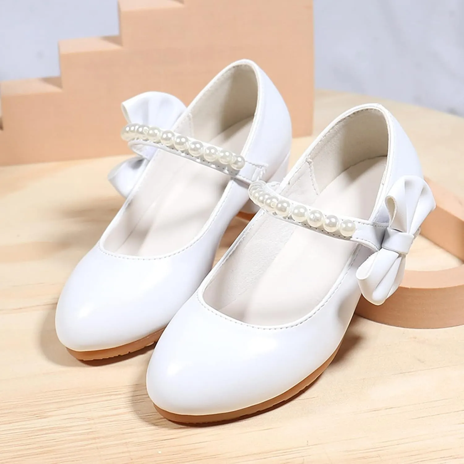 Girls Dress Shoes Mary Jane Shoes for Kids School Shoes Low Heel White Bow Knot Sneaker for Girls Size 3