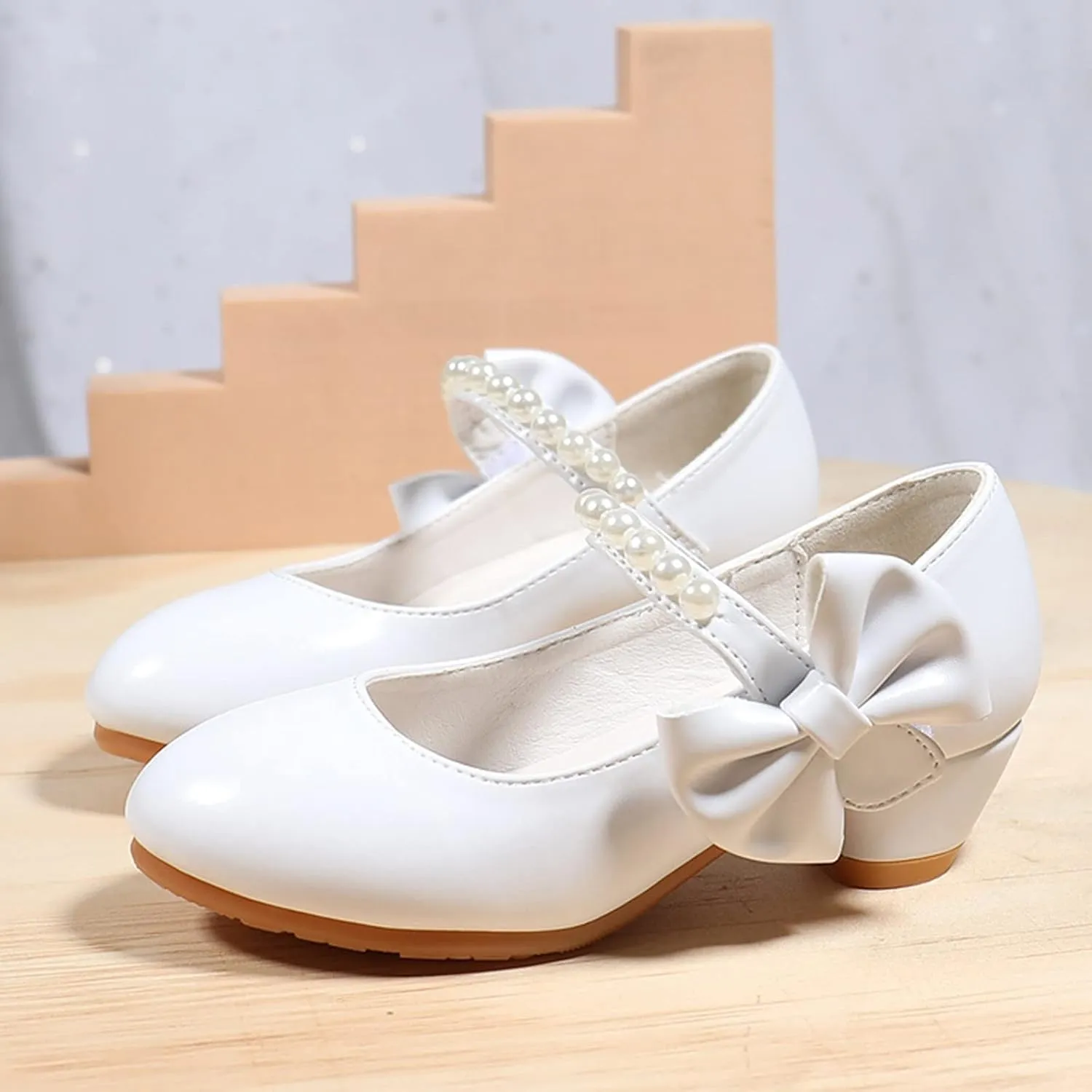 Girls Dress Shoes Mary Jane Shoes for Kids School Shoes Low Heel White Bow Knot Sneaker for Girls Size 3
