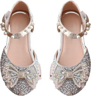 Girls Dress Shoes Rhinstones Bow Mary Jane Ballet Flats Wedding Party Toddler Kids Flower Girl Sandals