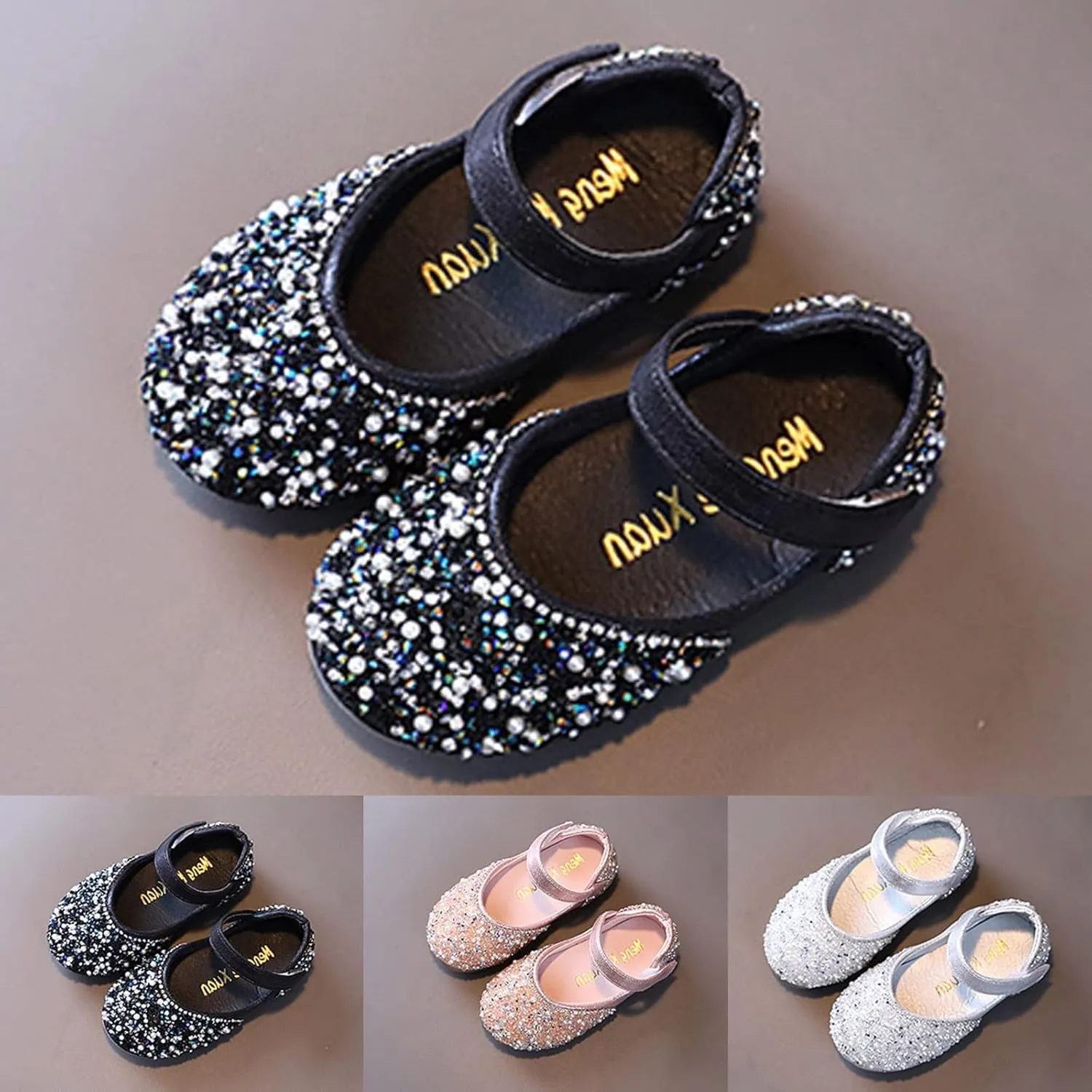 Girls Low Heels Sparkly Princess Shoes Glitter Toddler Flat𝐬 Christmas Flower Girls Dress Shoes for Little/Big Kids